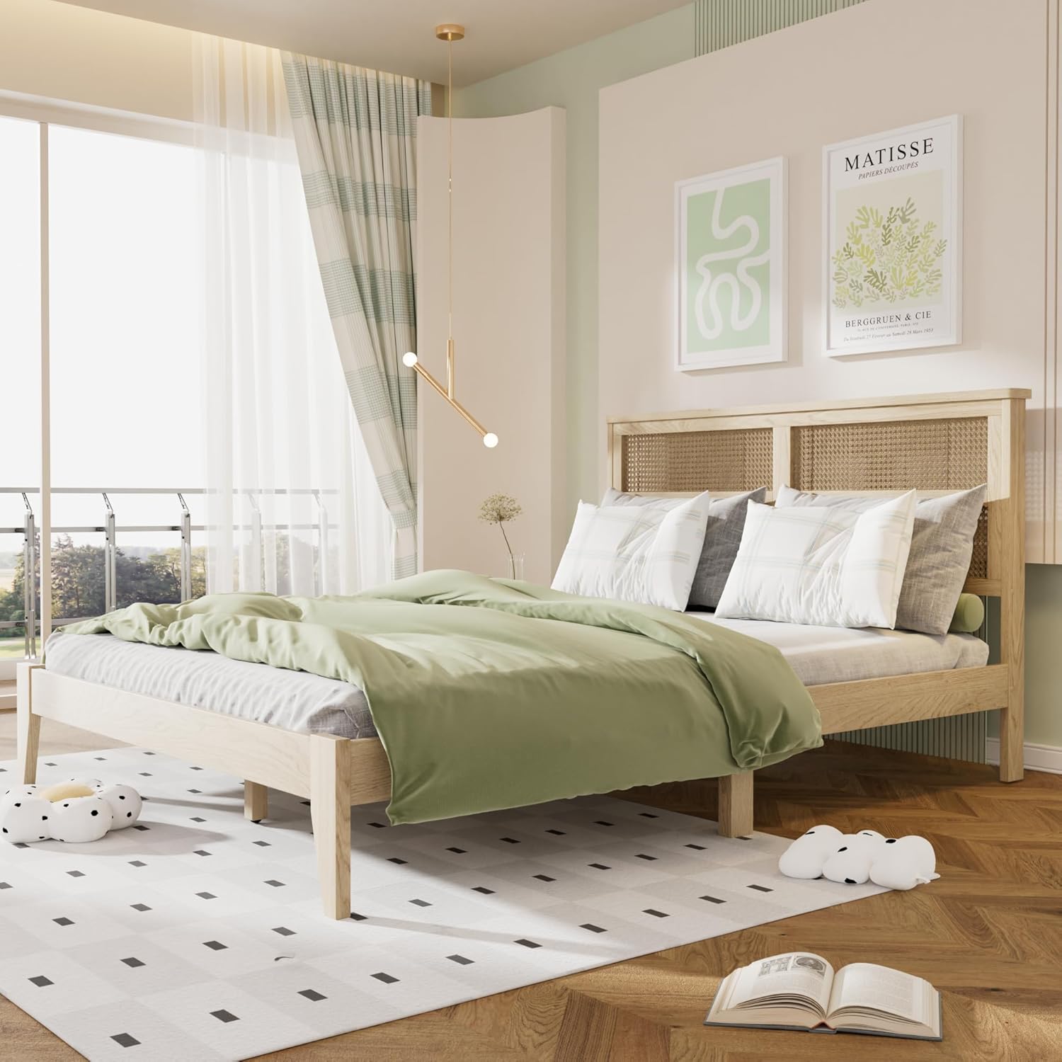 Rubber Wooden Bed Frame Queen Size, Solid Wood Bed Frame Queen with Rattan Headboard, Enhanced by Support Feet, No Box Spring Needed, Natural