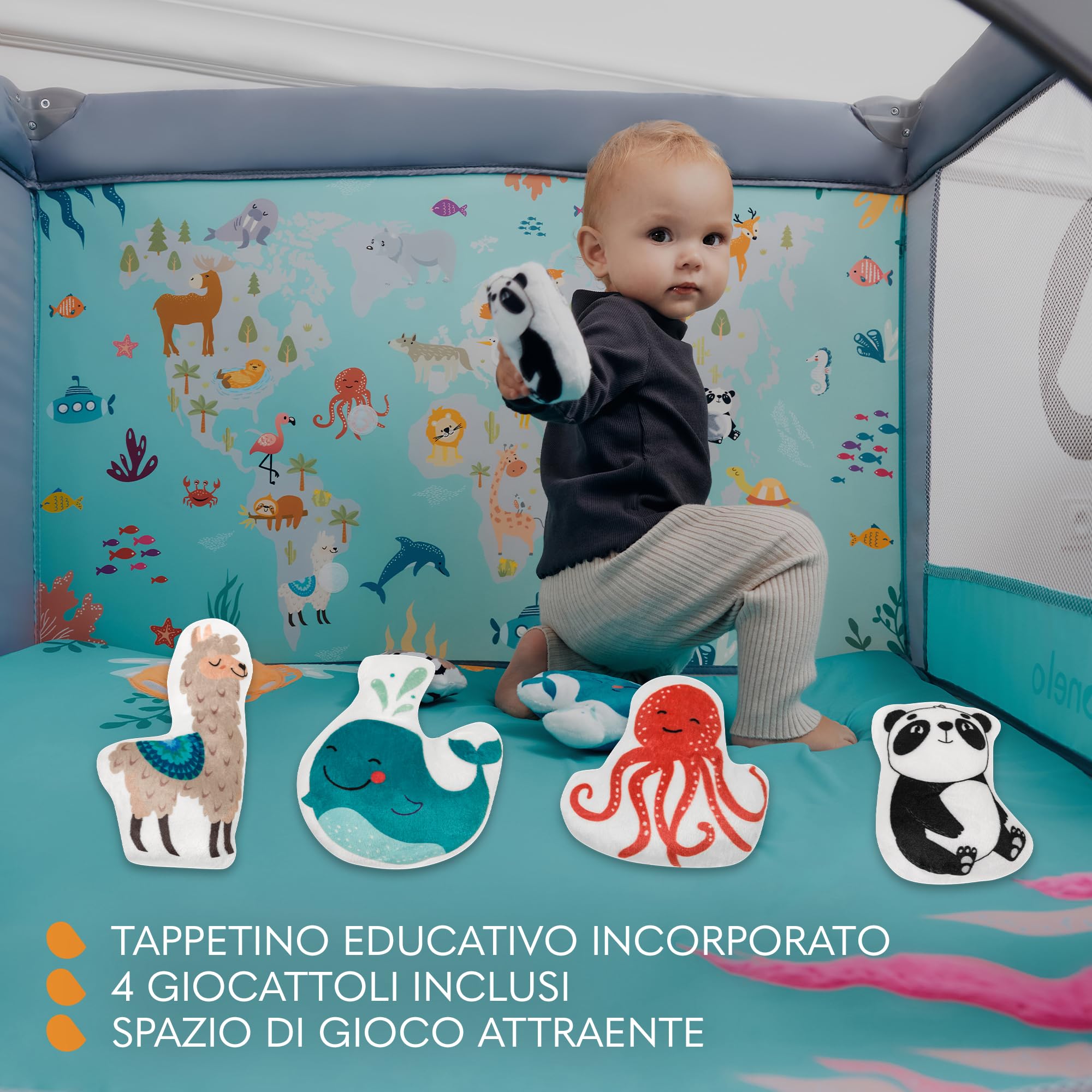 LIONELO Box per bambini e Lettino da Viaggio MILLE 2 in 1, 100 x 100 cm, Fino a 15 kg / 0 a 36 mesi, con Materasso 3D, Ingresso laterale con chiusura lampo, Ruote con freno, Facile da piegare