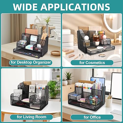 Miniatura 2 de Organizador de escritorio de malla negra y accesorios con 7 compartimentos, accesorios de escritorio multifuncionales de malla, organizadores de