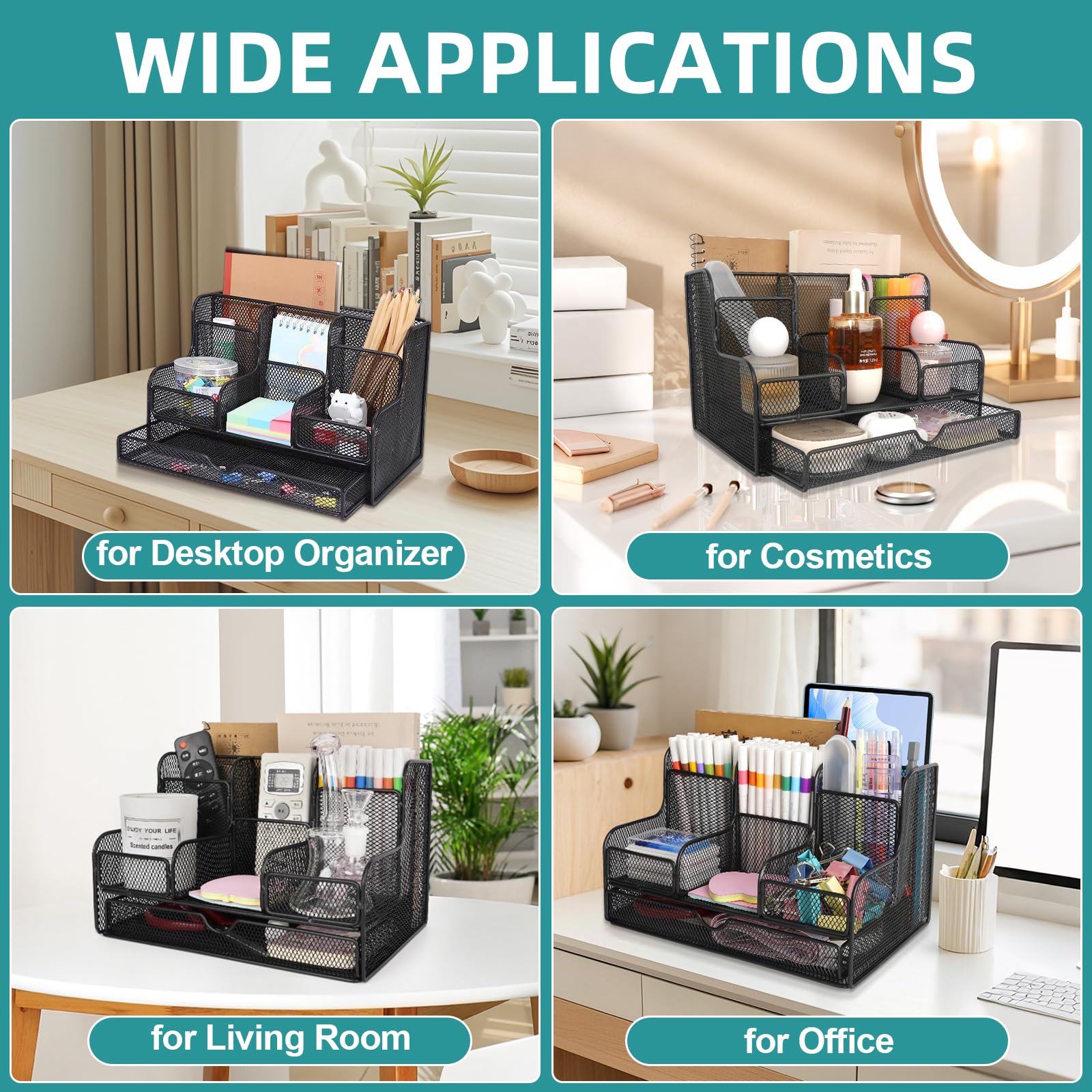 Schreibtisch Organizer, Stiftehalter Schreibtisch Organizer aus Netzstoff und Zubehör mit 7 Fächern, schwarzes Netz, multifunktionales Schreibtischzubehör, Bürobedarf für Zuhause, Büro