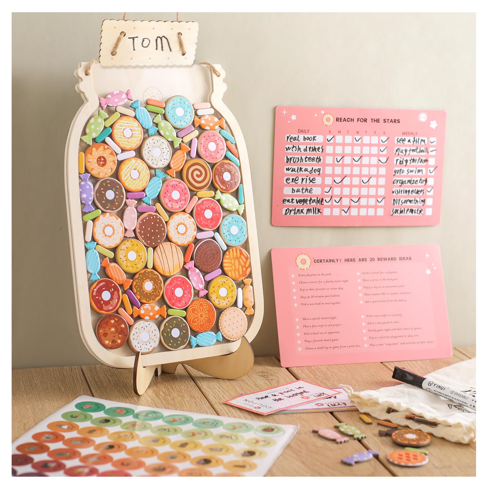 OESSUF Magnetic Reward Jar for Kids, Large Wooden Reward Jars with Tokens, Reusable Star Chart for Children Behavior, Inspiring Good Behaviour in Toddlers, Donut Style