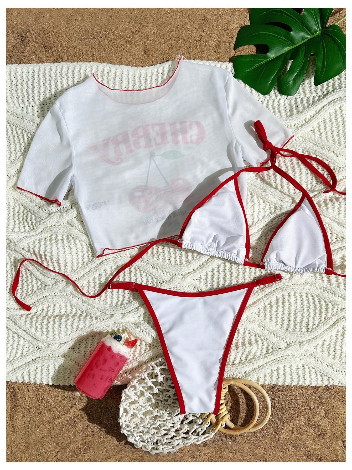 QJQ Women's 3 Piece Cherry Bikini Set Tie Back Swimsuit with Cover Up Mersh Tops Cute Cheeky Bathing Suits: Medium White