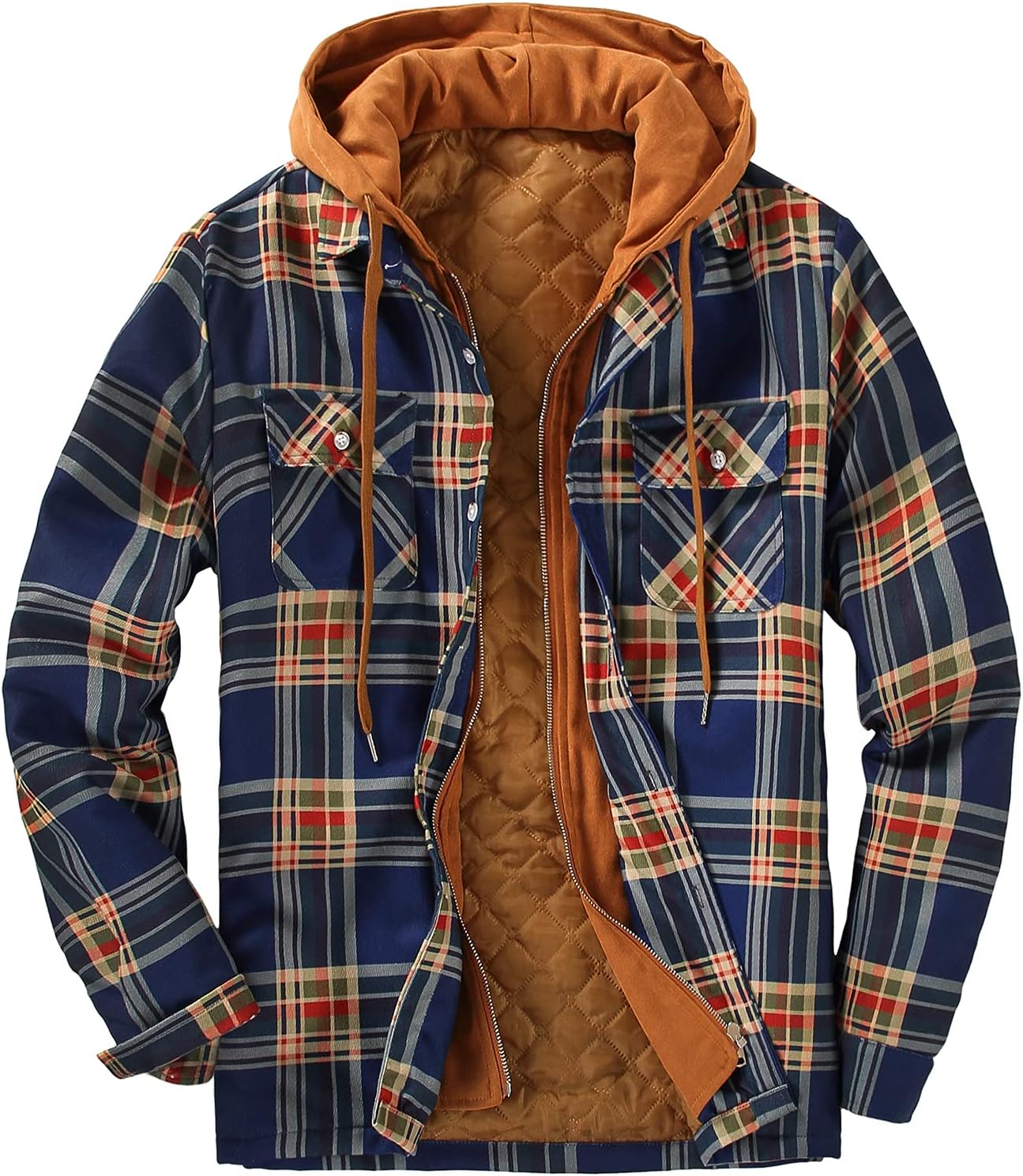 Size L...DOSLAVIDA Men's Flannel Shirt Jacket Quilted Lined Winter Coat Long Sleeve Button Dwon Shirt Warm Hooded Plaid Jacket Navy