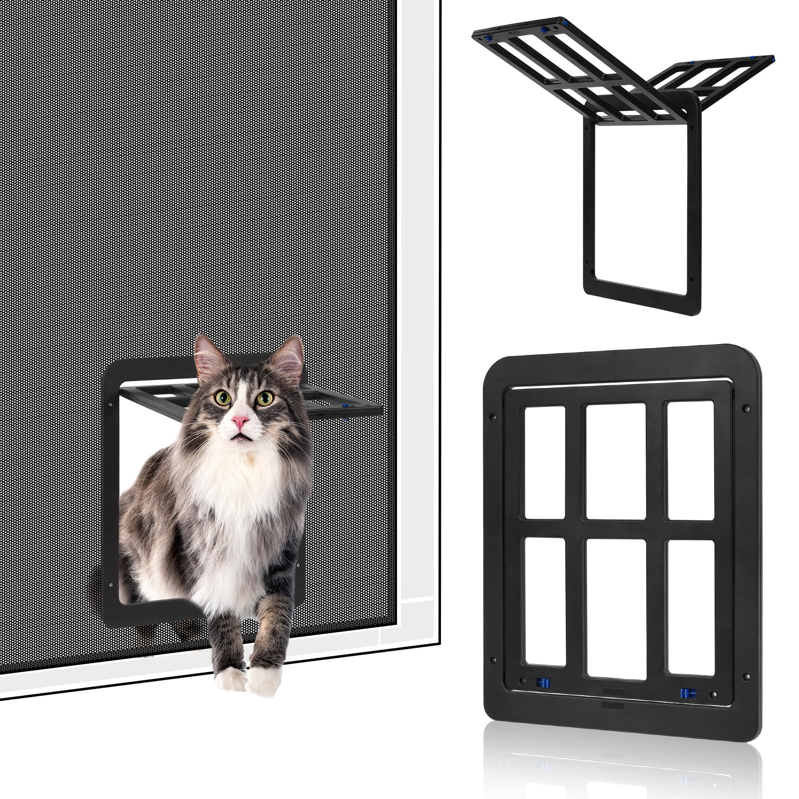 Adiwo Puerta Mosquitera Mascotas, 31,5 x 25 cm, Puerta Negra con Cerradura para Perros, Puerta Antimosquitos, Puerta de Balcón con Solapa Magnética, Puerta Mosquitera para Gatos (Negro, Pequeño)