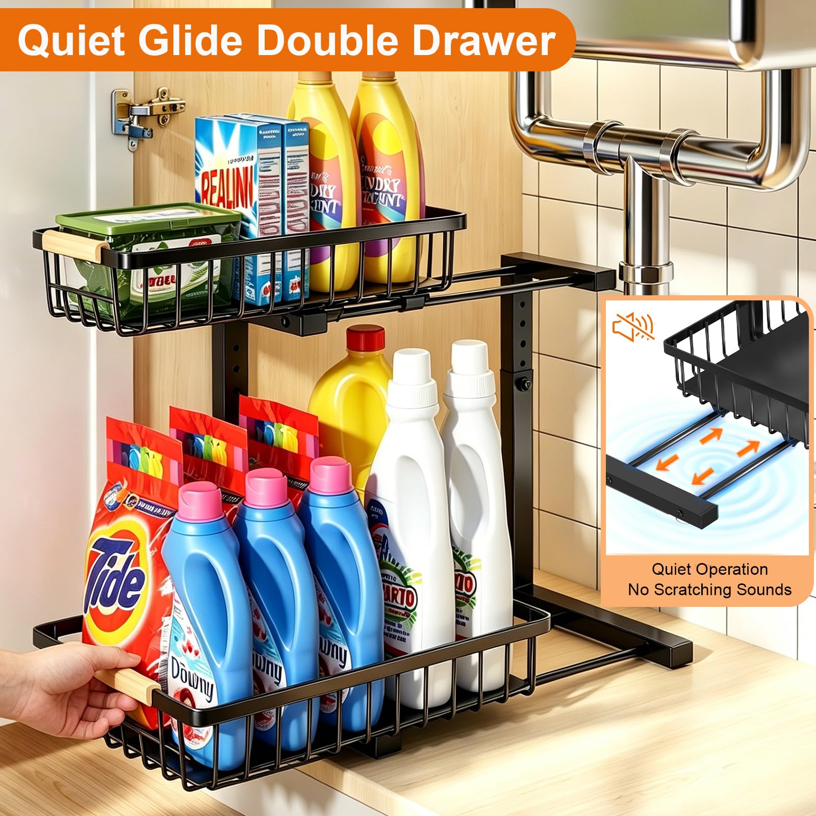 REALINN Organizador para debajo del fregadero, paquete de 2 organizadores y almacenamiento ajustables en altura para debajo del fregadero, organizador de gabinete extraíble de 2 niveles para cocina y