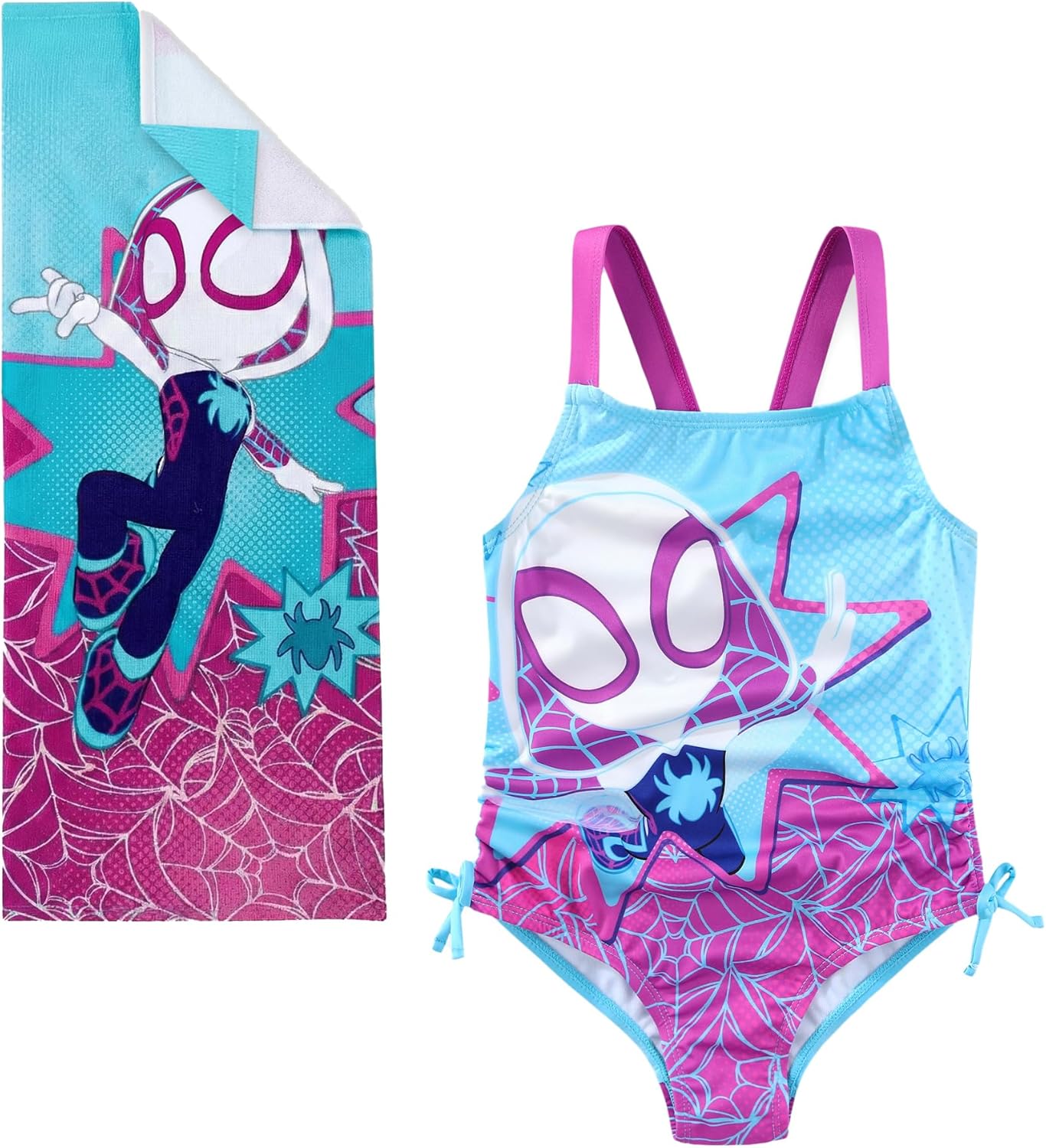 Marvel Spider-Gwen Ghost Spider Girls One Piece Swimsuit Bathing Suit with Pool Beach Towel 20 x 50 Set for Toddler Big Kids