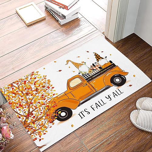 Thanksgiving Maple Pumpkin Truck Pull Gnomes Bathroom Rugs Non Slip Bath Mat,Washable Bath Rugs Absorbent Soft Microfiber Memory Foam Carpet for