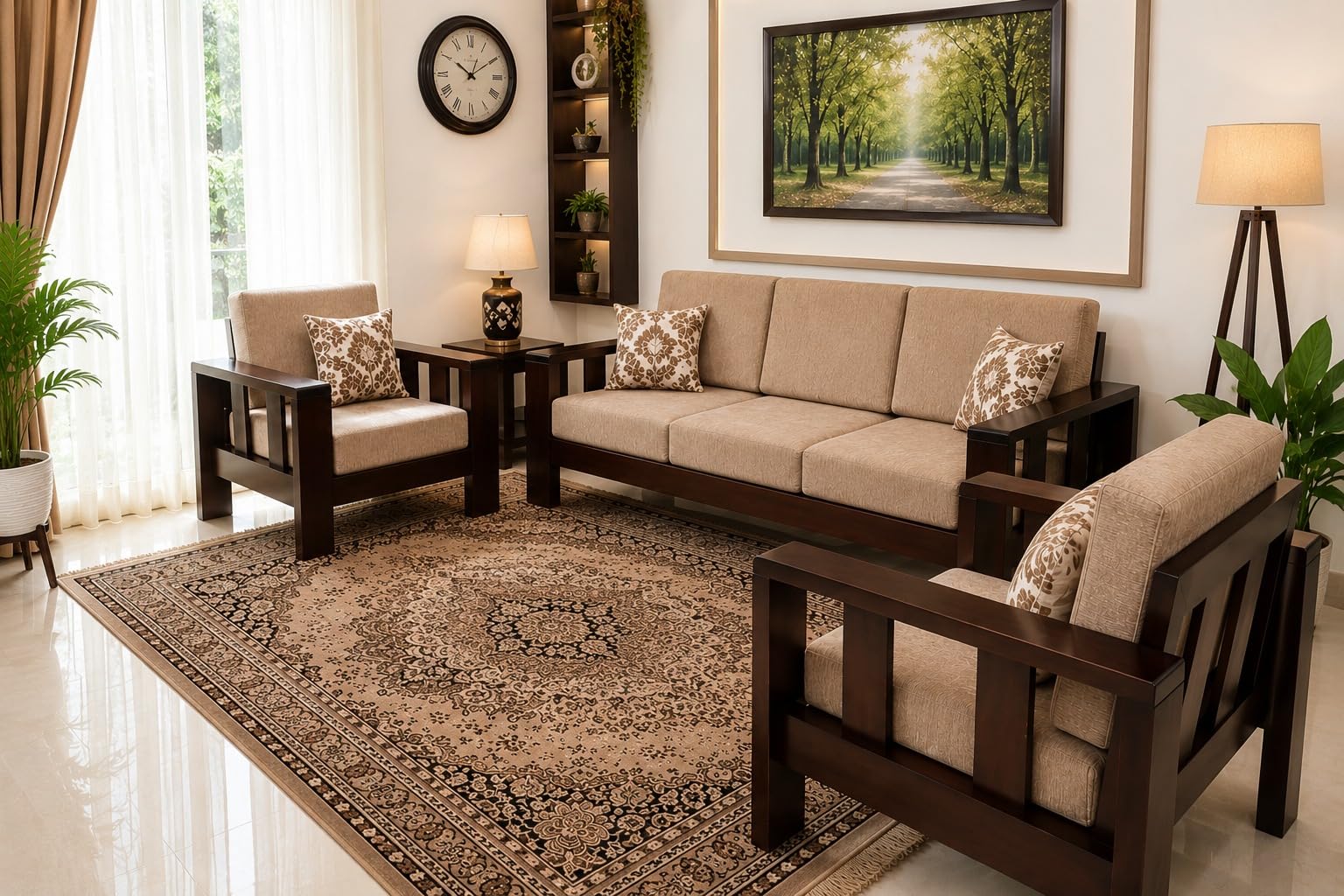 KL Furniture™ Wooden Sofa Set 5 Seater for Living Room | Solid Sheesham Wood 5 Seater Sofa Set for Home & Office | 3+1+1 Sofa Set | Dark Walnut Finish-image-38