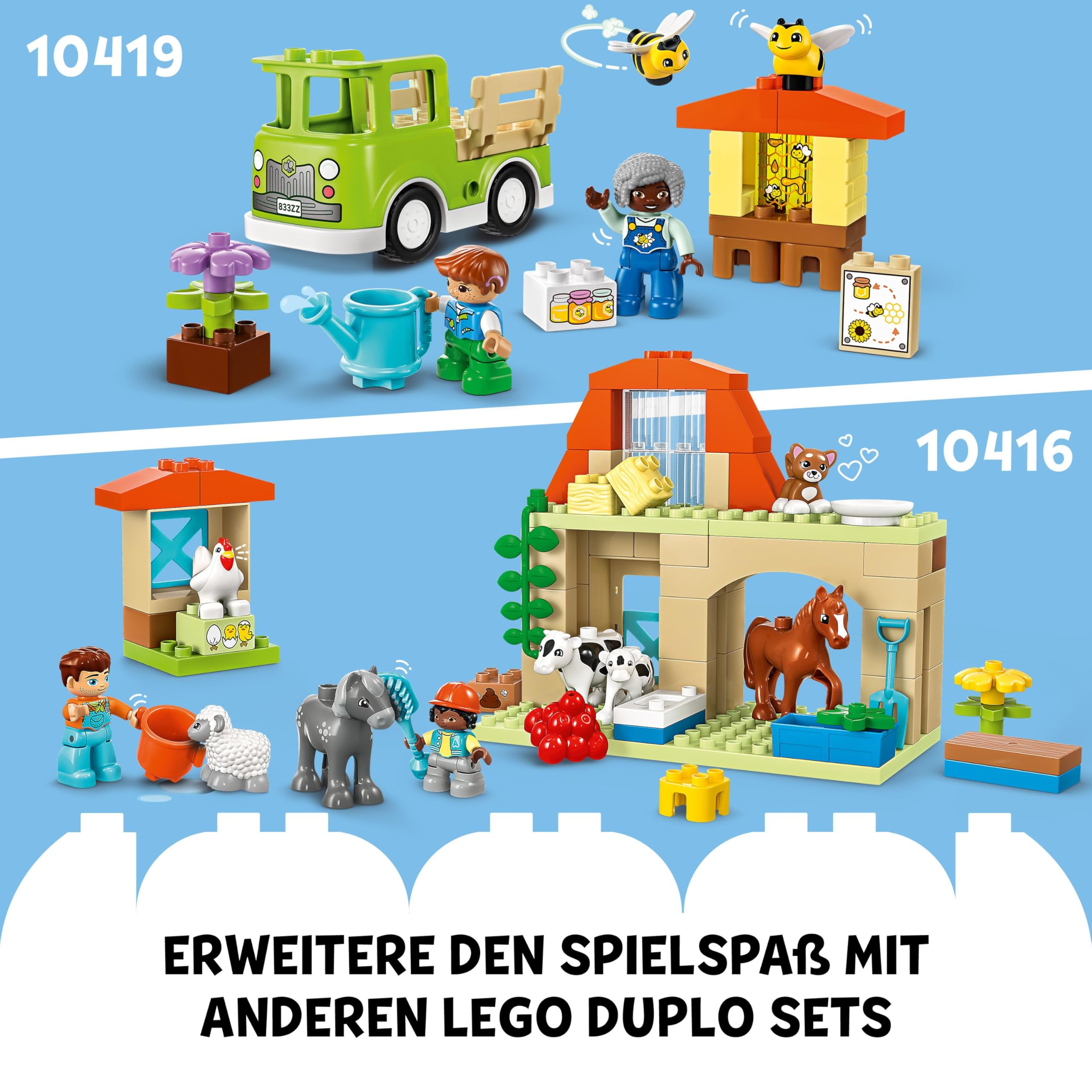 LEGO DUPLO Town Tierpflege auf dem Bauernhof - Spielzeug für Kinder - Montessori Spielzeug -Bauernhof mit Tierfiguren - Pferd, Kuh und Huhn - Lernspielzeug für Mädchen und Jungen ab 2 Jahren - 10416