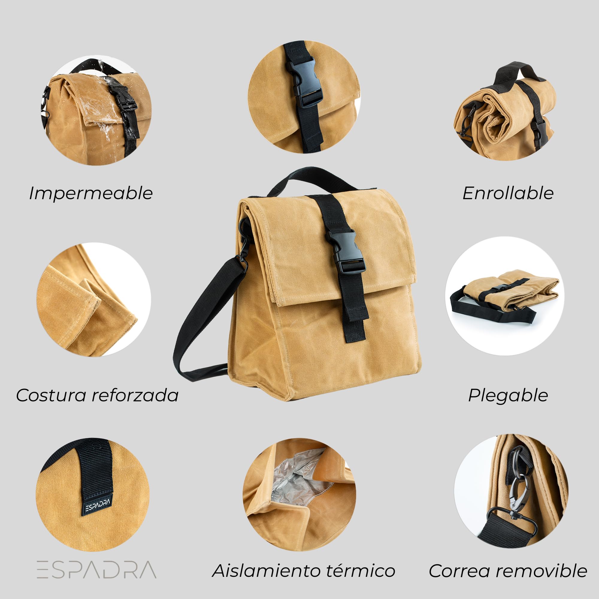 Bolsa Isotérmica Porta Alimentos Premium para Trabajo y Oficina (Tan) | Alternativa elegante-Estilo profesional-Lona encerada premium-Roll Top-Incluye funda cubiertos