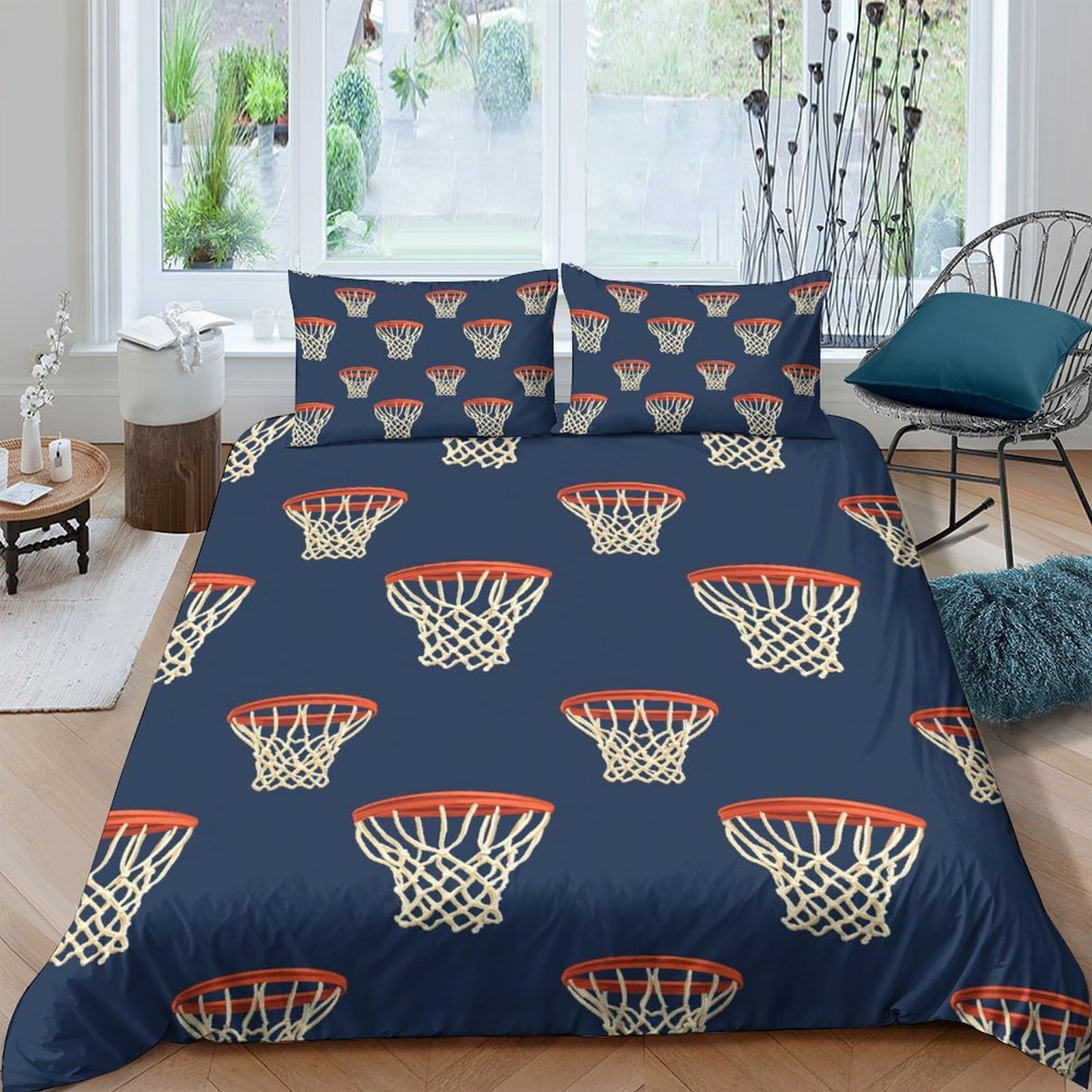 GPLZQXKJNH 3D Printed Basketball Hoop Duvet Cover Set Microfiber Soft Breathable Navy Sports Quilt Cover with 2 Pillowcases for Bedroom Decor Single（135x200cm）