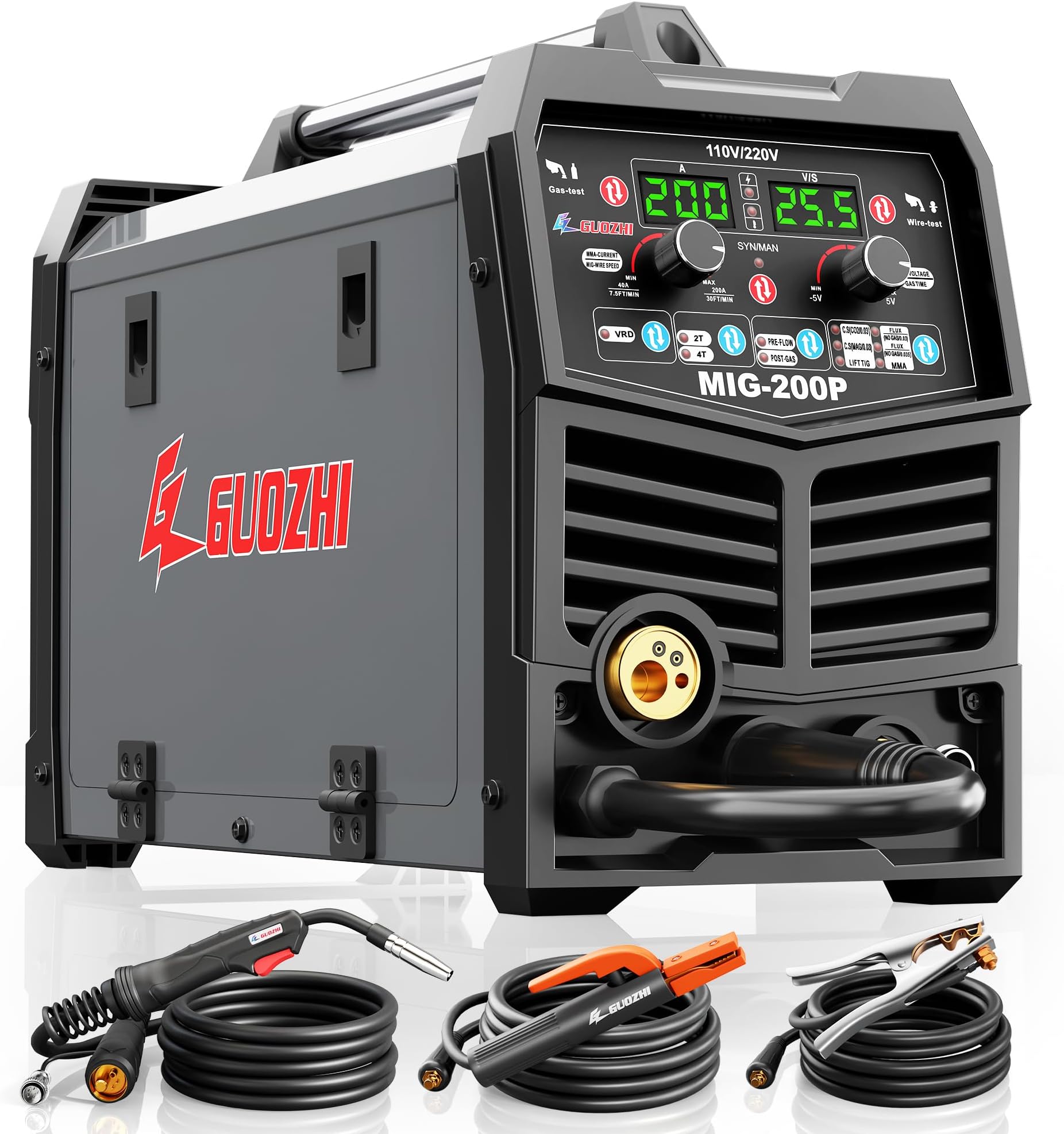 GZ GUOZHI 200A MIG Welder, 7 in 1 Gas MIG/MAG/Gasless Flux Core MIG/Lift TIG/Stick/Spot Welding/Spool Gun Multi-Process Aluminum Mig, Dual Voltage 110V/220V Welding Machine
