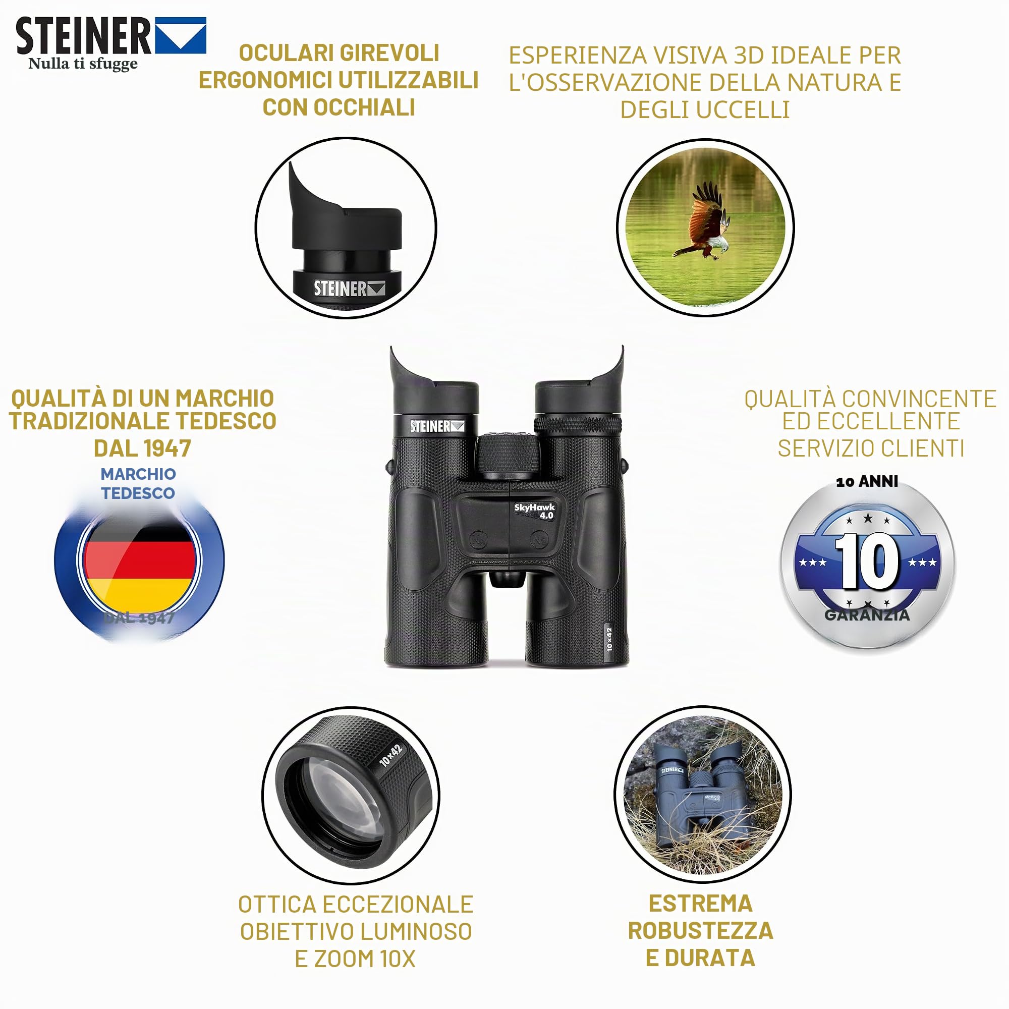 STEINER Binocolo SkyHawk 4.0 10x42 - Ottica di qualità tedesca, esperienze visive 3D nitide, robusto, perfetto per la natura, l'osservazione di animali e uccelli