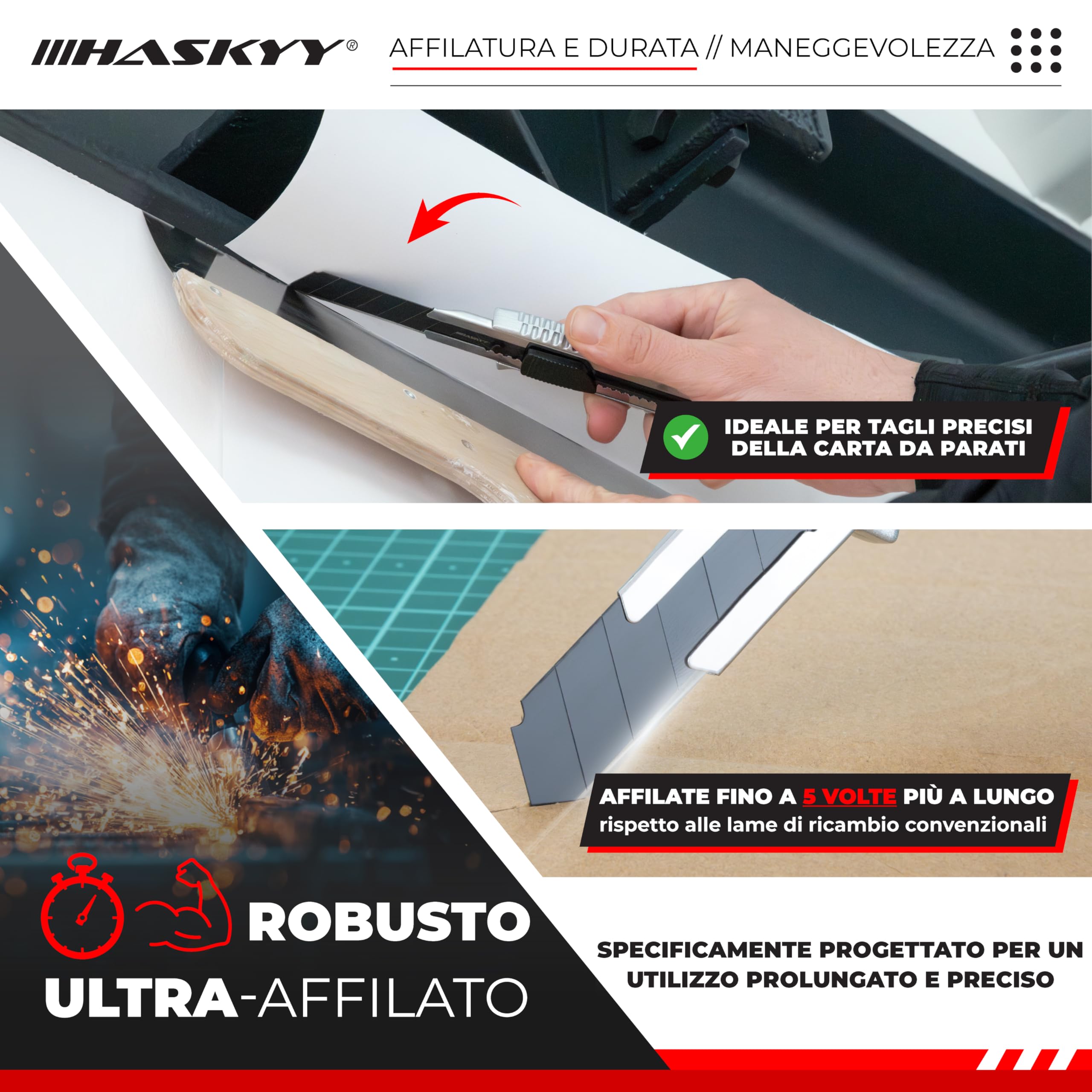 HASKYY Set 2 Taglierini Professionali 18mm + 5 Lame SK5 Premium - Cutter Sicurezza con Auto-Lock