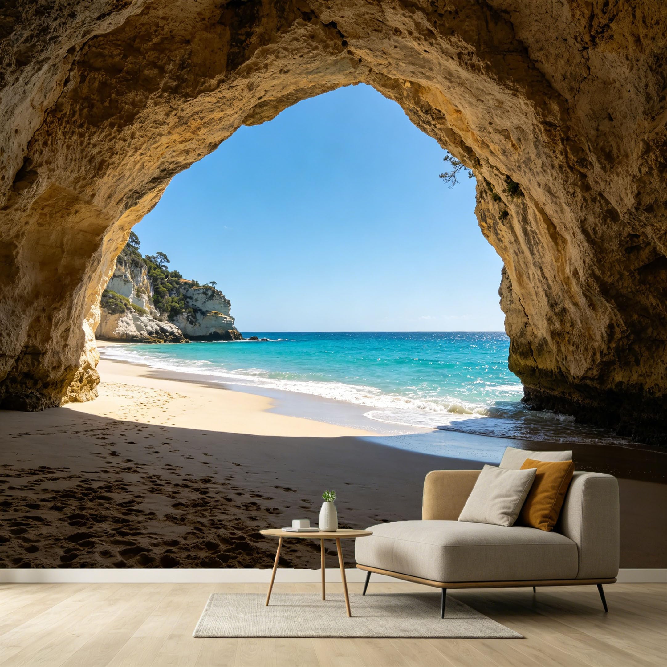 Custom Size Wall Murals Coastal Marine Landscape 3D Trompe L'Oeil Sea Cave Sand Beach SelfAdhesive Wall Fabric Removable Large Wallpaper for Photo Living Room