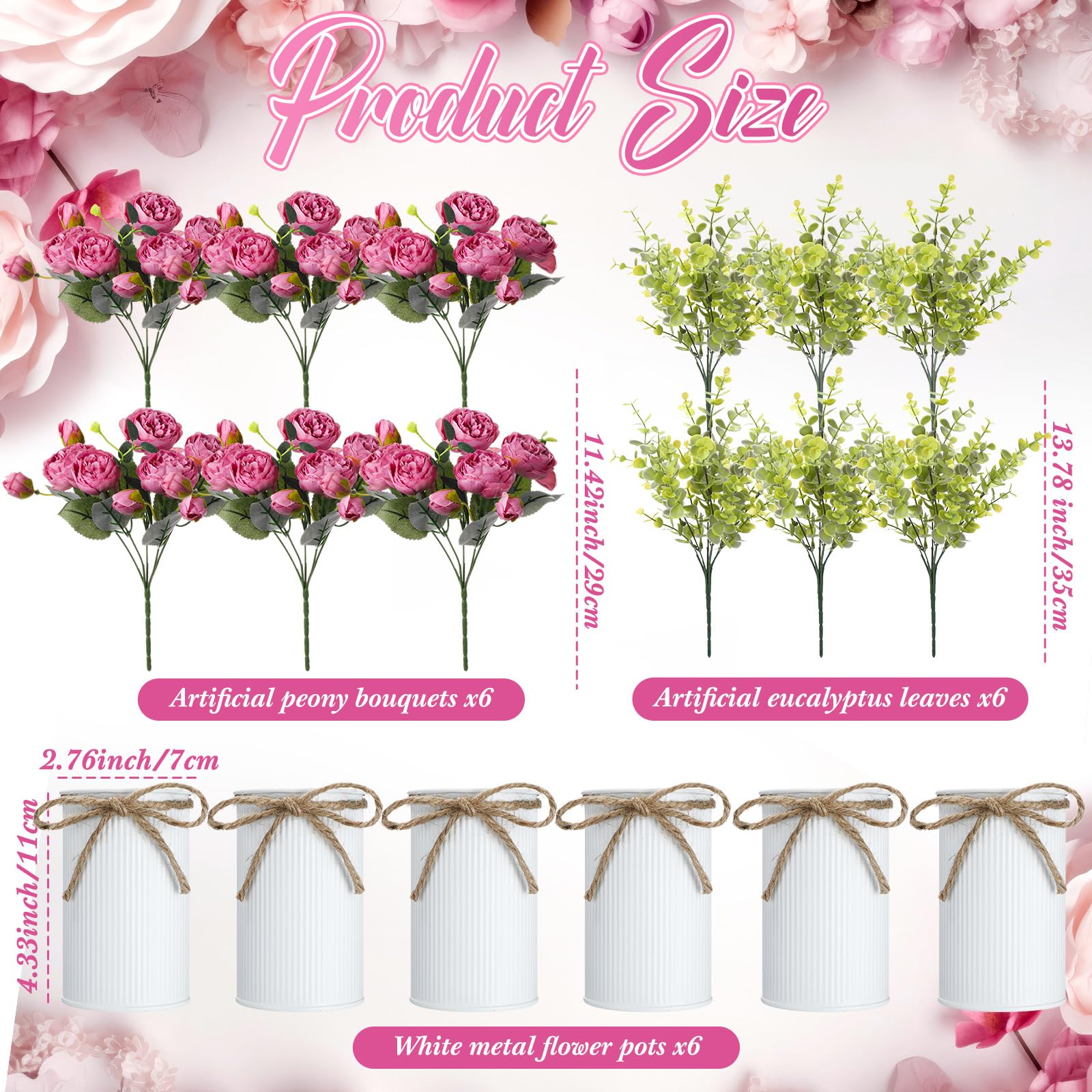 6 Sets künstliche Pfingstrosen, 6 künstliche Pfingstrosen mit Vase, 6 künstliche Eukalyptus, Kunstseide, Pfingstrosen, Blumenstrauß, Frühlingsblumen für Dekoration, Hochzeit, Party, Zuhause,