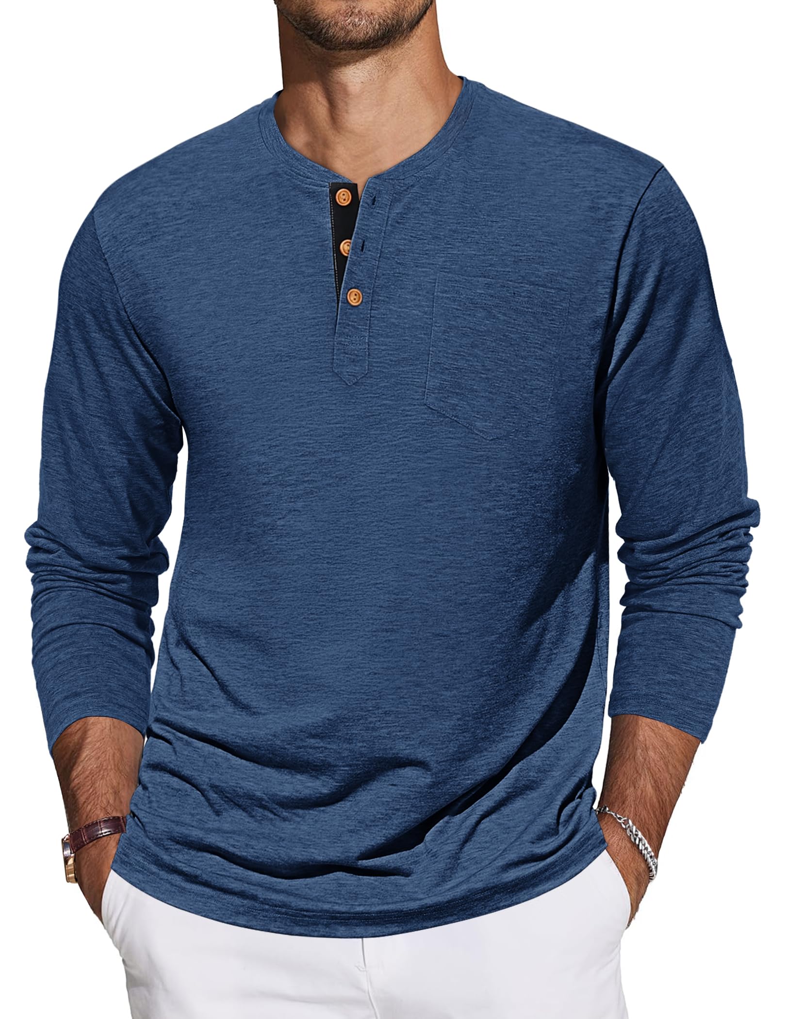 TARAINYA Henley Langarmshirt Herren Baumwolle T-Shirt M-4XL | 95%Baumwolle 5%Spandex, Longsleeve, Brusttasche, Einfarbig, Kontrast‑Knopfleiste, Regular‑Fit