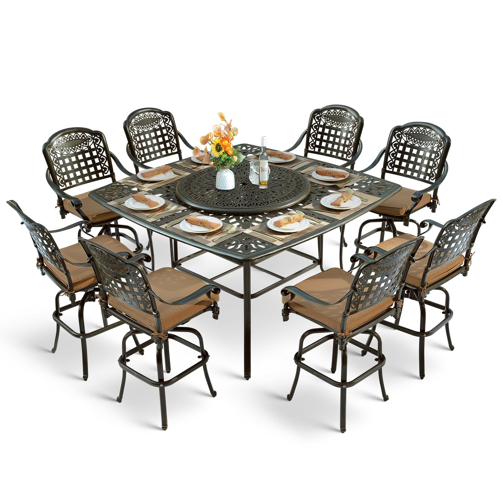 MEETWARM 10-Piece Outdoor Bar Set, All Weather Cast Aluminum High Patio Dining Set with 8 Cushioned Swivel Bar Stools, Large 64" Square Patio Bar Height Table with Detachable Lazy Susan, Umbrella Hole