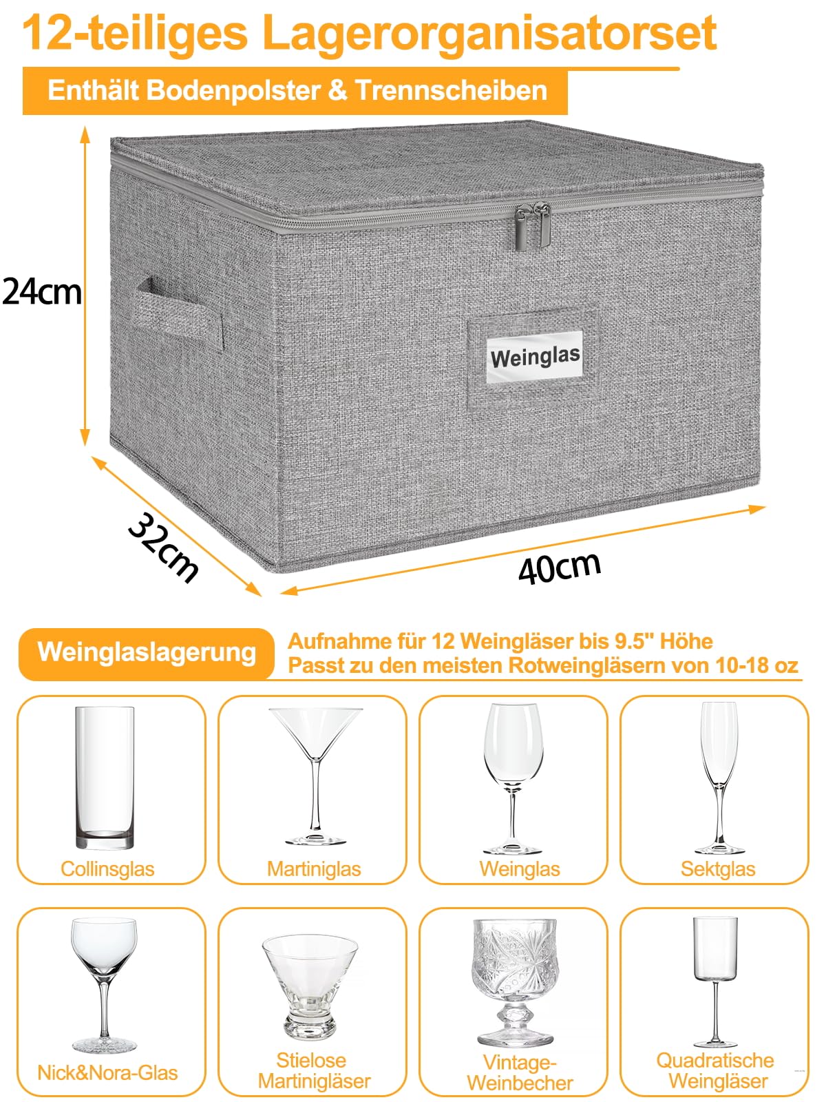 Weinglas Aufbewahrungsbox, für bis zu 12 Gläser, Stapelbar & Faltbar, 4-Schicht-Schutz, Feuchtigkeitsbeständig, für Umzug, Lagerung & Keller, 2er Set