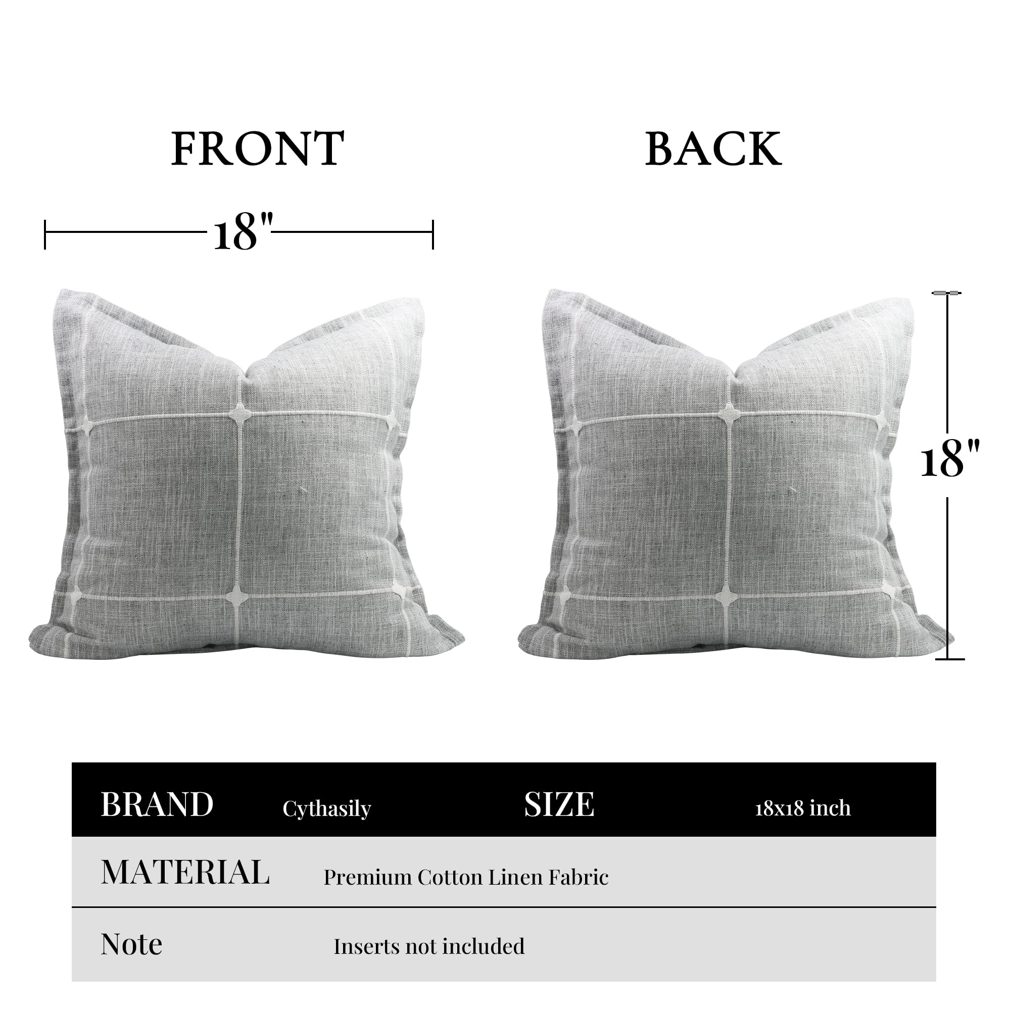 Cythasily Decorative Linen Cotton Pillow Covers Embroidery Plaid Square Farmhouse Throw Pillows Cases Check Cushion Cover Sham for Couch Sofa Chair Bed Living Room Home Decor, 18 ×18 Inch 2 Pack Grey