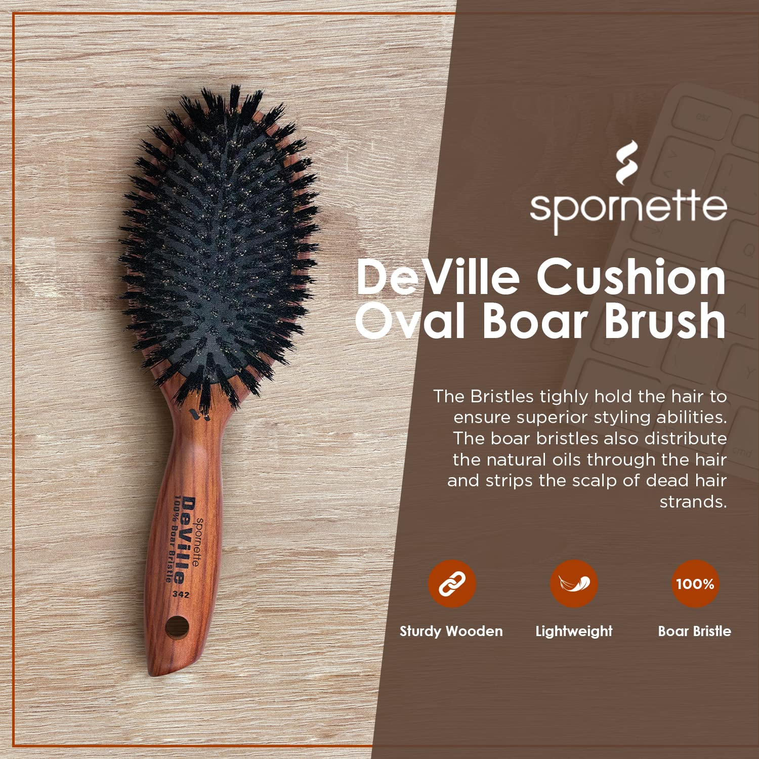 Spornette Deville Boar Bristle Wooden Paddle Hair Brush for Women - Cushion Oval Hair Straightening Brush for Blow Drying, Detangling, Smoothing & Styling - Image 2