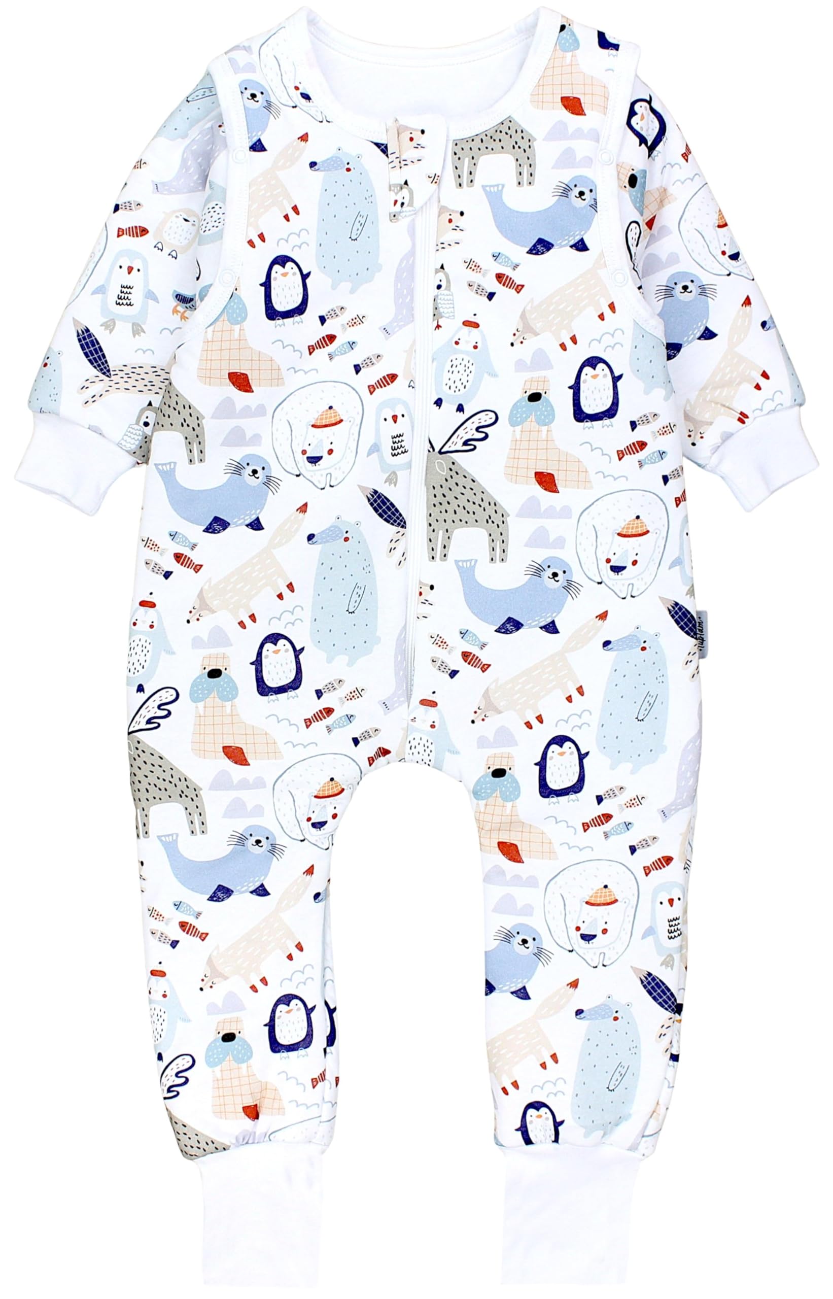 TupTam Schlafsack mit Beinen und Ärmeln 2.5 TOG, OEKO-TEX zertifiziert, Farbe: Wintertiere Blau Beige Elch Pinguin Robbe, Größe: 104-110