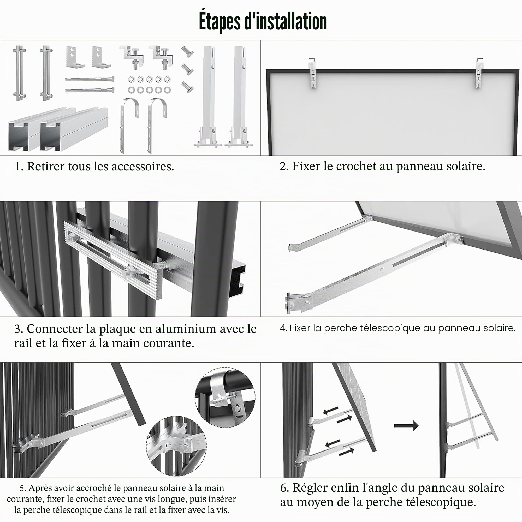 LEICKE Support de centrale de balcon pour tous les panneaux solaires I Support de panneau solaire en alliage d'aluminium robuste I Balustrade Balustrade Fixation de centrale de balcon Angle réglable 0