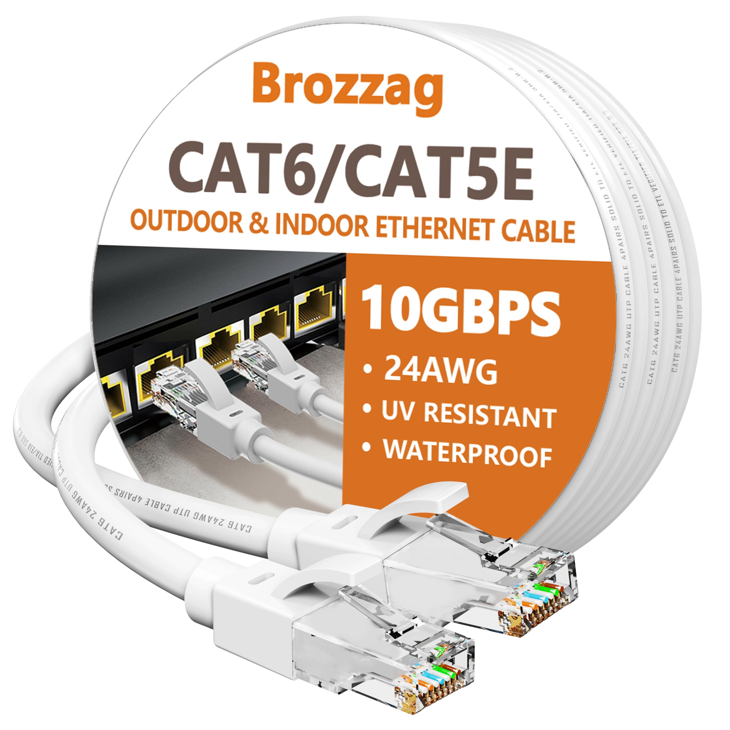 Brozzag 50 Ft Ethernet Cable for Cat5E/Cat6, 10Gbps 24AWG Cat6 Network Cable, Direct Burial Cable, UTP, LLDPE, RJ45 Patch LAN Cord, Waterproof, Indoor&Outdoor, Cat 5E Internet Cable in White for PC