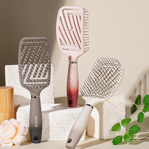 Miniatura 8 de RHOS Cepillo desenredante para mujeres y hombres, cepillo de cabello húmedo y seco, cepillo curvado y ventilado para secar con soplado, cepillo