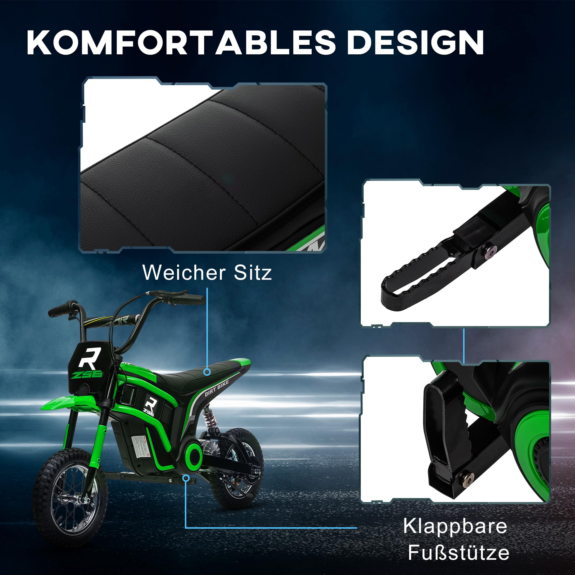 HOMCOM Elektro Motorrad Kinder 24V mit 350W Motor für 8-12 Jahre Grün | Scheinwerfer, Musik, 8-16 km/h, Kindermotorrad mit Luftreifen