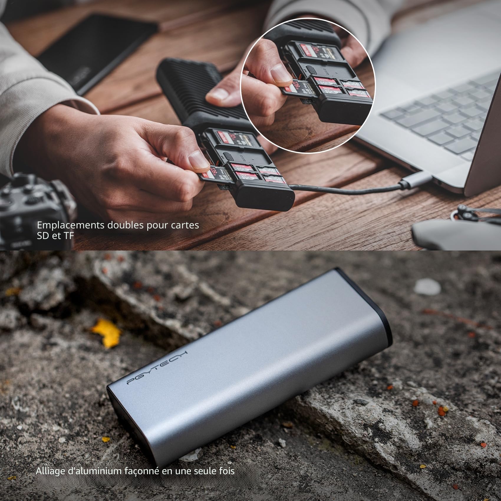 PGYTECH CreateMate Lecteur de Carte Haute Vitesse, SD 4.0/Micro SD 2-en-1 UHS-II Lecteur & Support USB 3.1 Type-C Adaptateur Étui, Card Reader pour Appareils Photo, Phones, Drones, ActionCam, Noir
