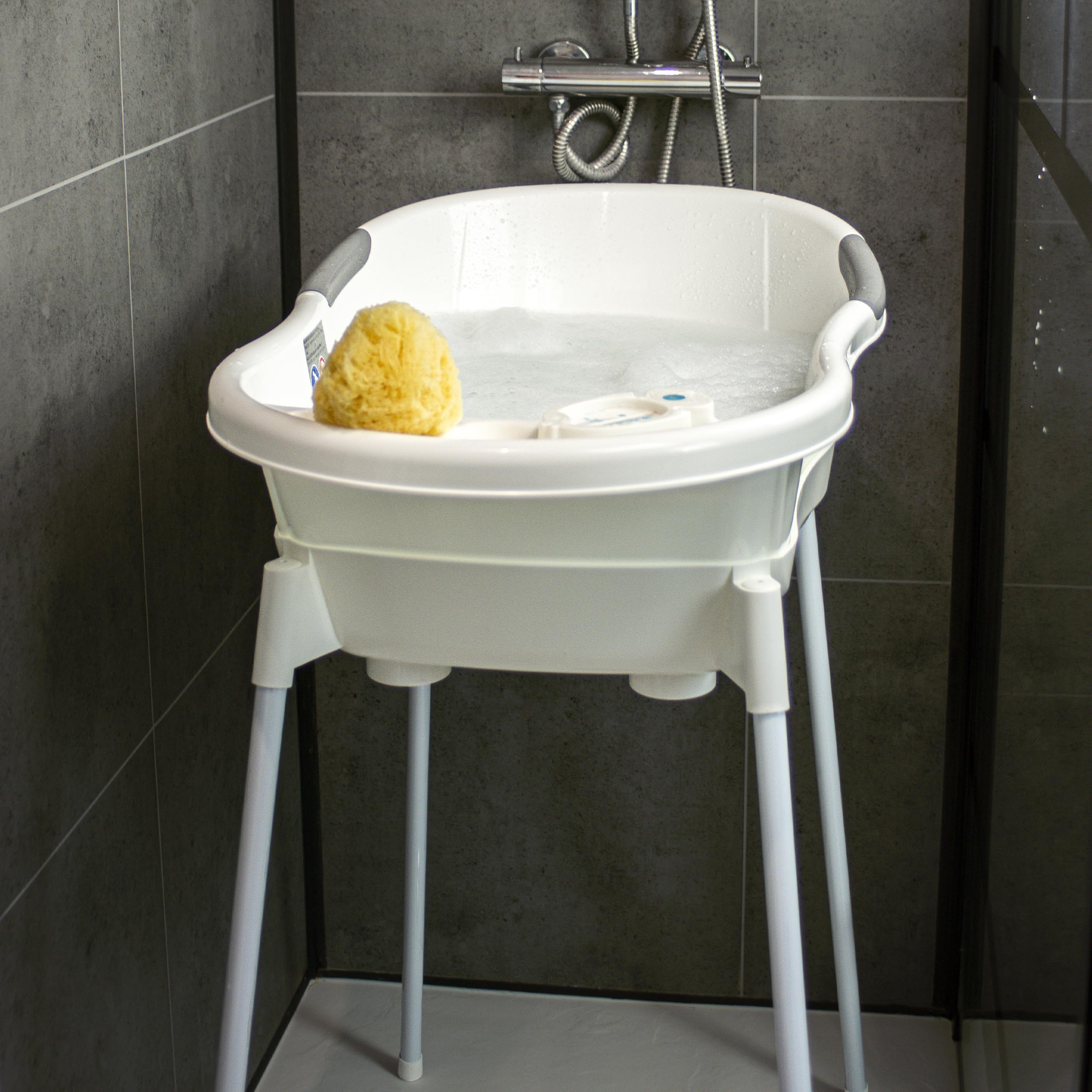 dBb Remond Support Baignoire Bébé Grand Modèle - Stable et Sécurisé - Pieds Amovibles Antidérapants en Métal Rilsanisé Blanc - Tuyau de Vidange - H83 x L100 x l53 cm - pour Baignoires 4 Mois et +