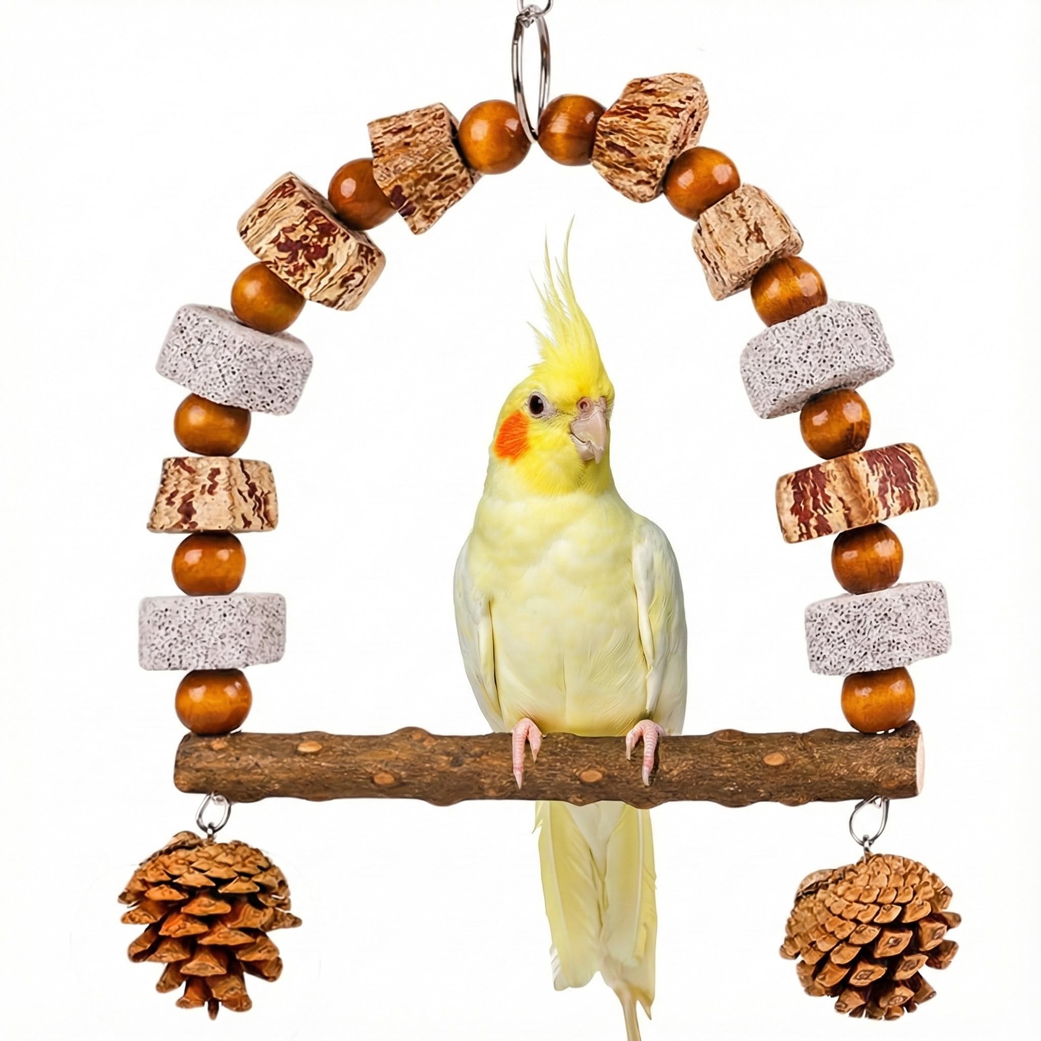 Natural Wood Bird Swing Toy for Parakeets Cockatiels, Parrot Hanging Perch with Chewing Pine Cones & Beak Grinding Pumice Stone, Bird Cage Accessories for Conure Lovebirds Budgies - Boredom Relief