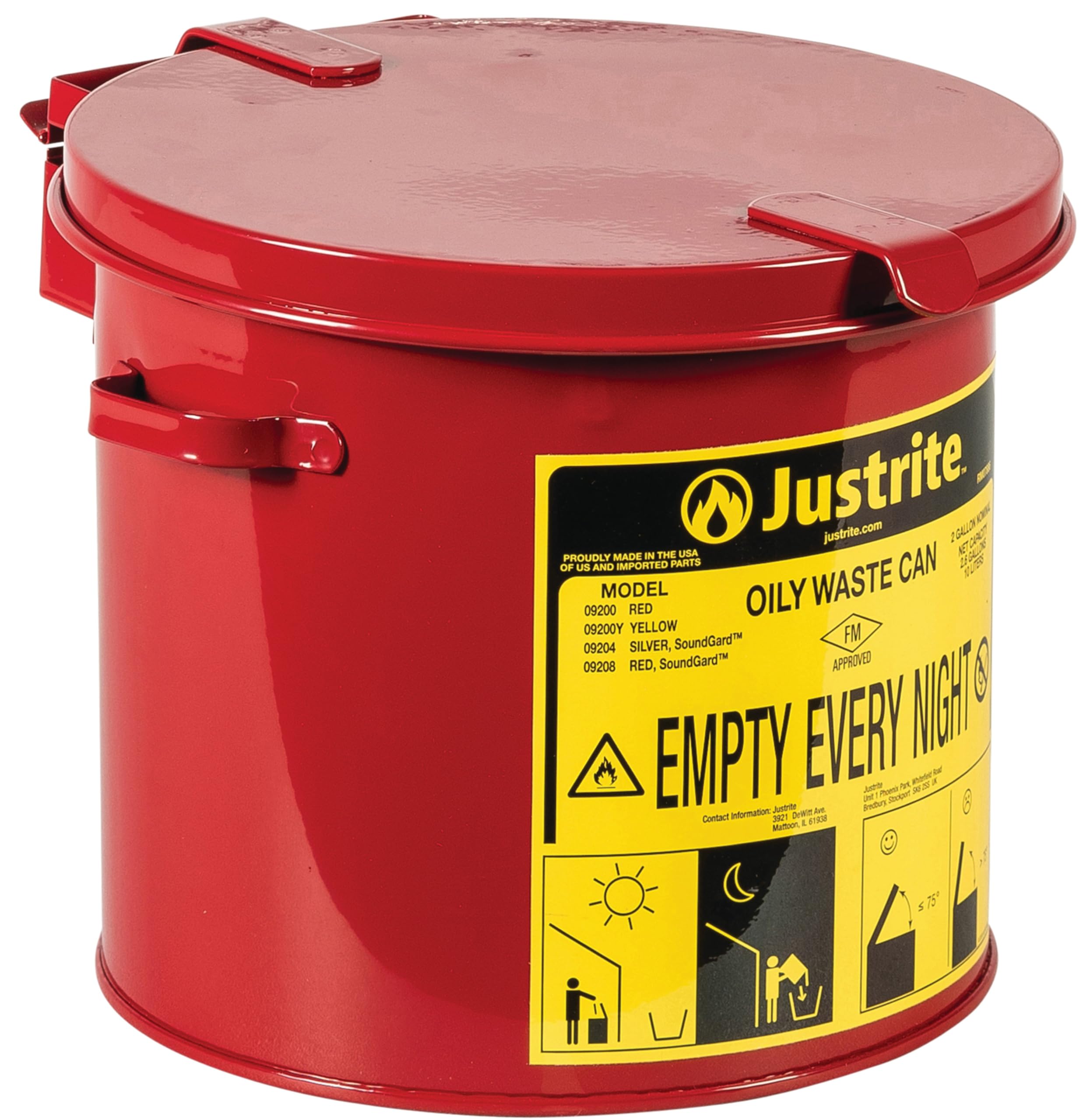 Justrite 2 Gallon Galvanized Steel Countertop Oily Waste Can, 9" x 9.6" Metal Oil Rag Safety Can with Hand Operated Self-Closing Lid for Oil Rag Disposal, Made in The USA, Red, 09200