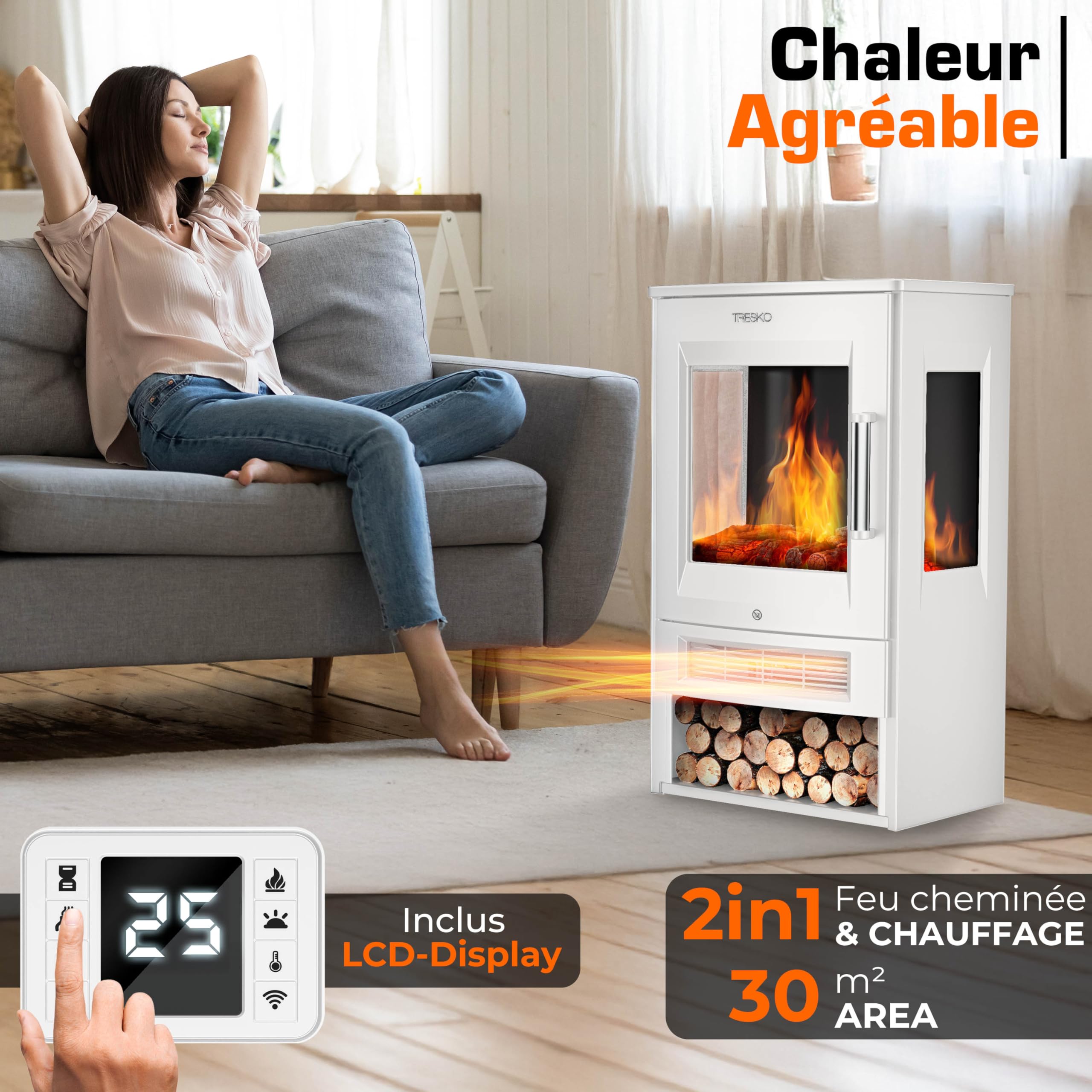 TRESKO® Cheminée électrique 1800W, Maison Intelligente WiFi App & télécommande | Poêle électrique Effet Flamme LED & écran LCD | Foyer électrique + Thermostat | Chauffage soufflant minuterie (Blanc)