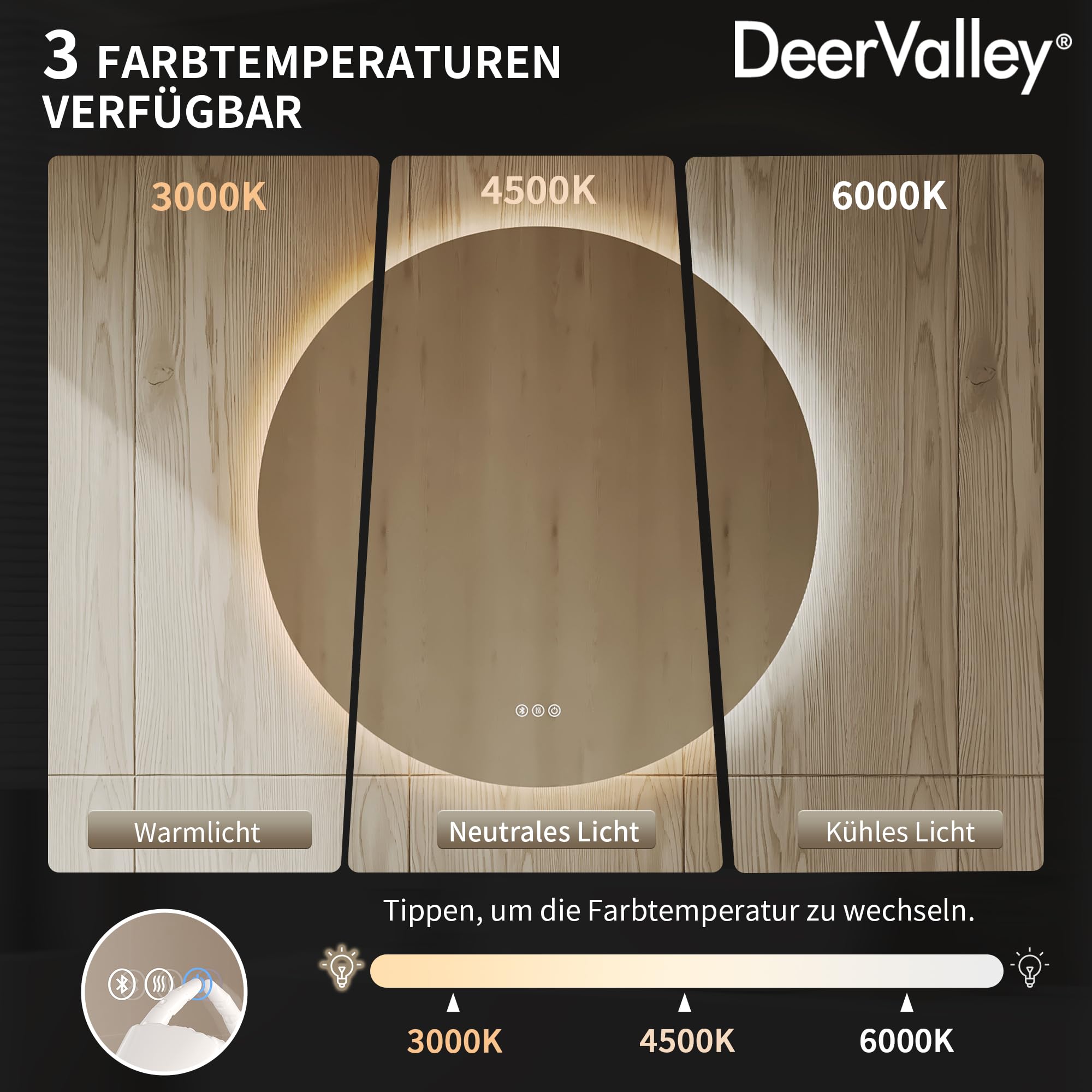 DeerValley Badspiegel mit Beleuchtung 80cm, Anti Beschlag LED Spiegel mit 3-Fach Vergrößerung, 3 Farbtemperatur und Bluetooth Lautsprecher