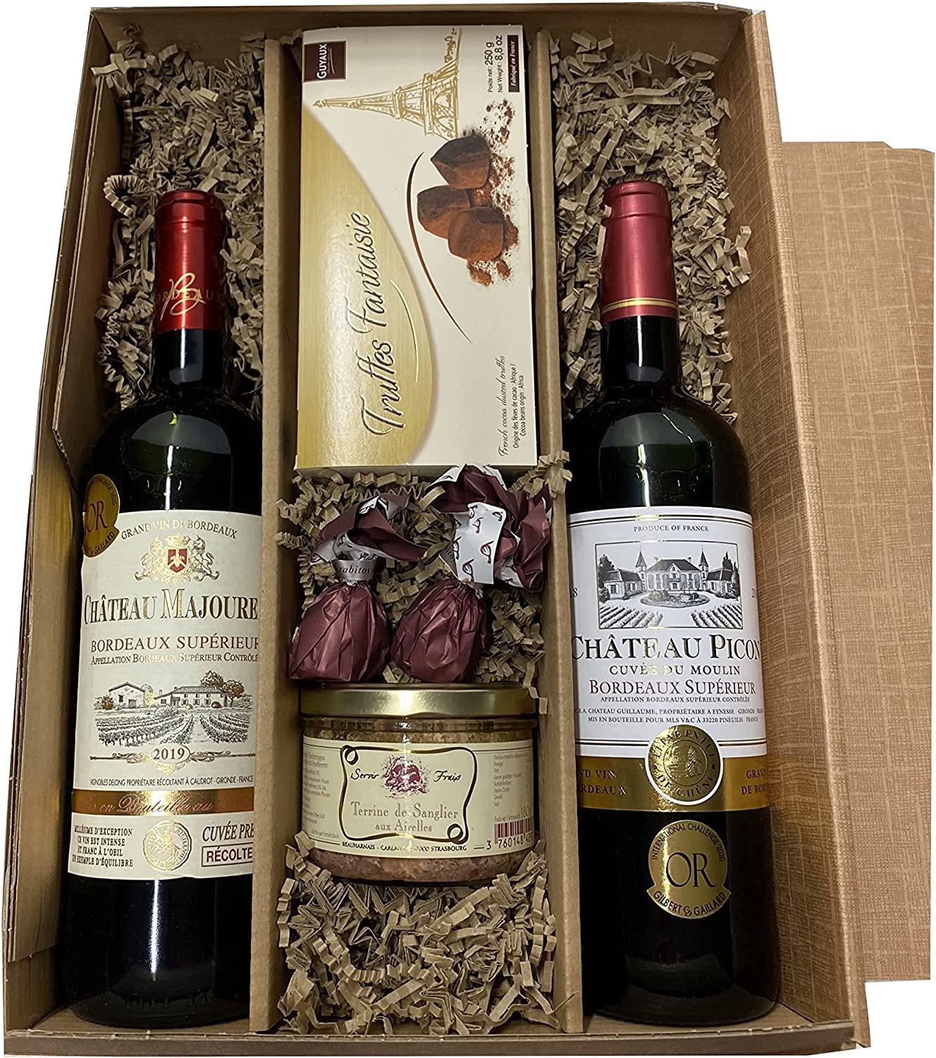 Geschenkset französischer Genuss | 2 x französischer Rotwein (Bordeaux) trocken | Schokoladentrüffel | Wildschweinpastete | 2 x Feigen in Schokolade