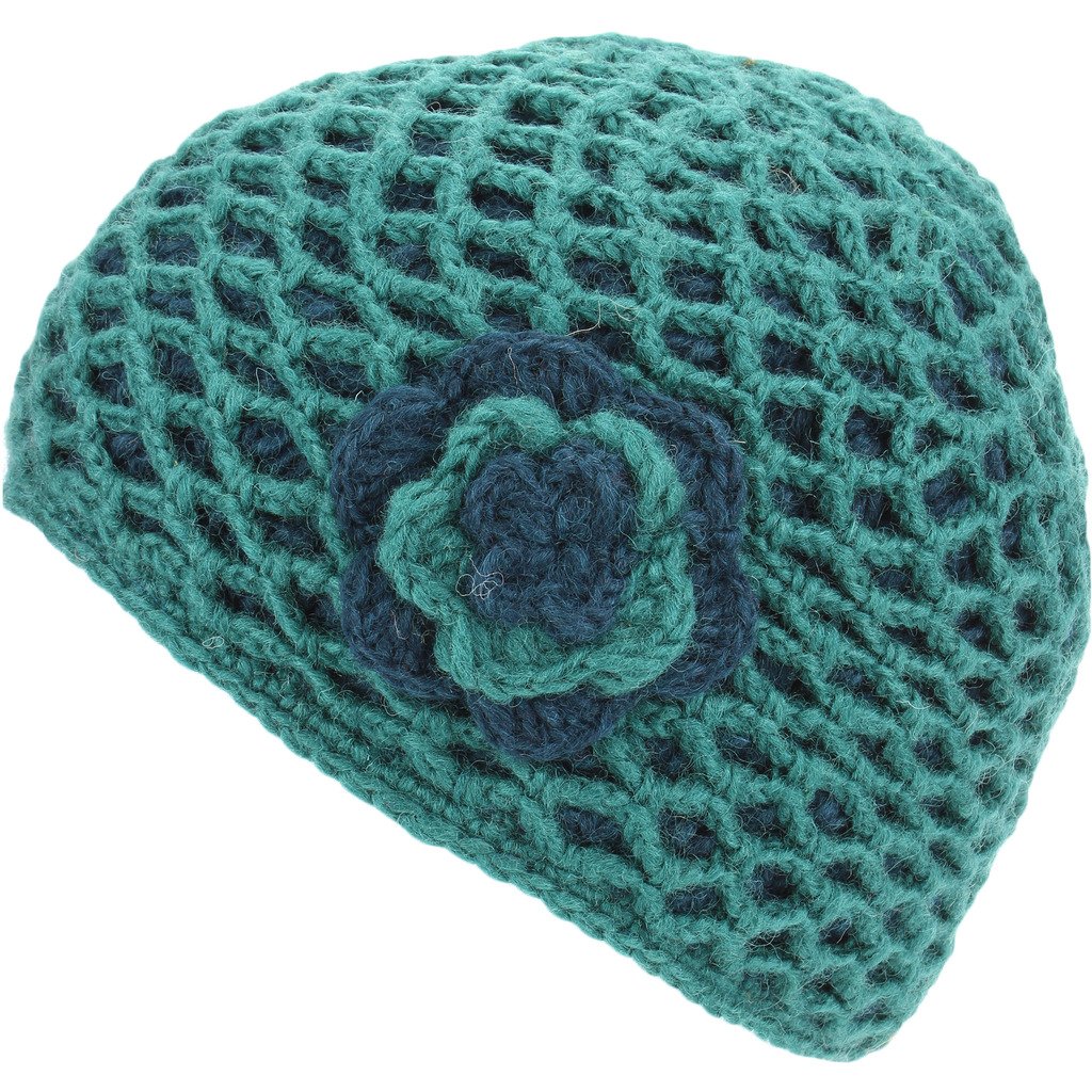 Loud Hats Women's Teal/Green Crochet Wool Hat With Side Flower Applique