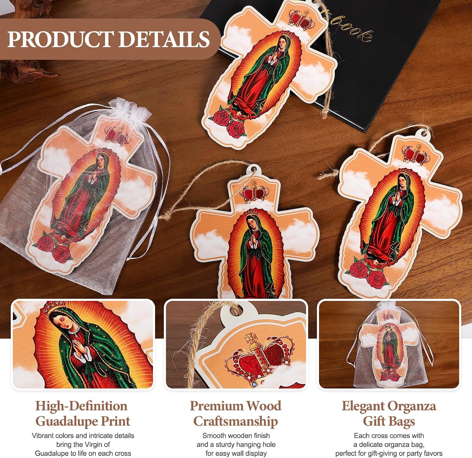 24 Pcs Our Lady of Guadalupe Wood Wall Cross Crucifix,Baptism Party Gift First communion Favor Memorial Religious Event,La Virgen De Guadalupe Wall Art Decor Recuerdos De Bautizo Para Niño Niña