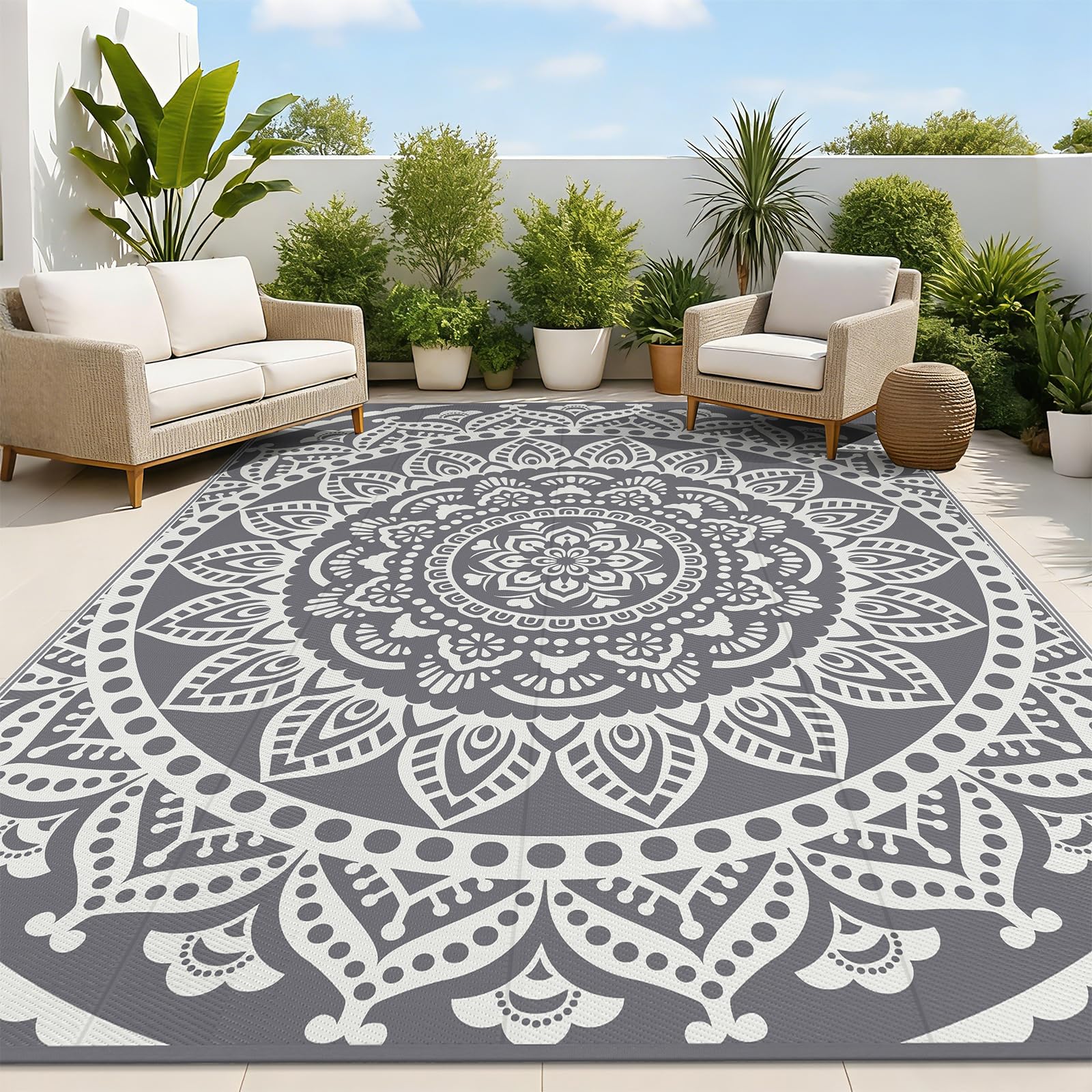 Bsmathom Waterproof Outdoor Rug 9x12 ft Large Reversible Boho Plastic Straw Patio Deck Camping Rugs, Indoor Outdoor Portable RV Mat Carpet for Outside, Porch, Balcony, Backyard, Beach, Pool,Grey โ image 1