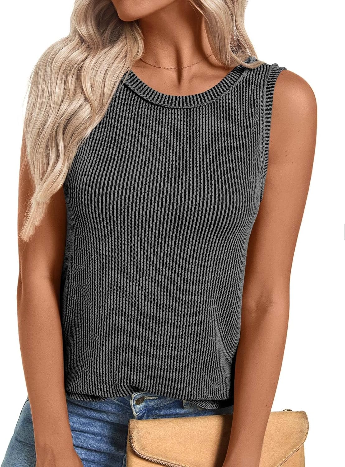 HOTGIFT Women's Tank Tops Crew Neck Sleeveless Shirt Ribbed Knit Casual Summer Tunics - Image 3