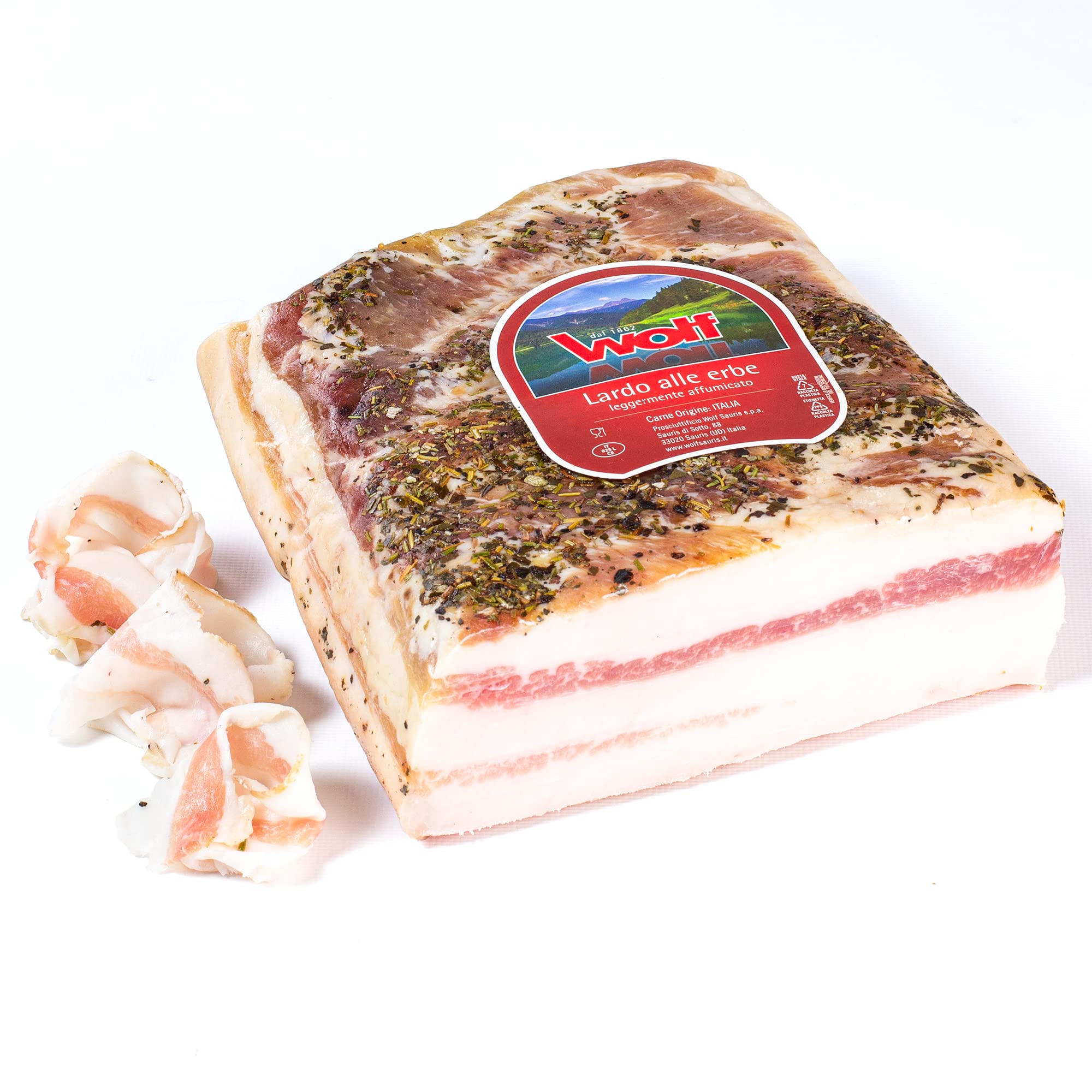 Wolf, Lardo alle Erbe, Baffa, Prodotto Leggermente Affumicato con Tradizionale Tenica di Affumicatura con Legno di Faggio, Carne 100% Italiana, Senza Glutine, 2,2 kg (min. netto garantito)