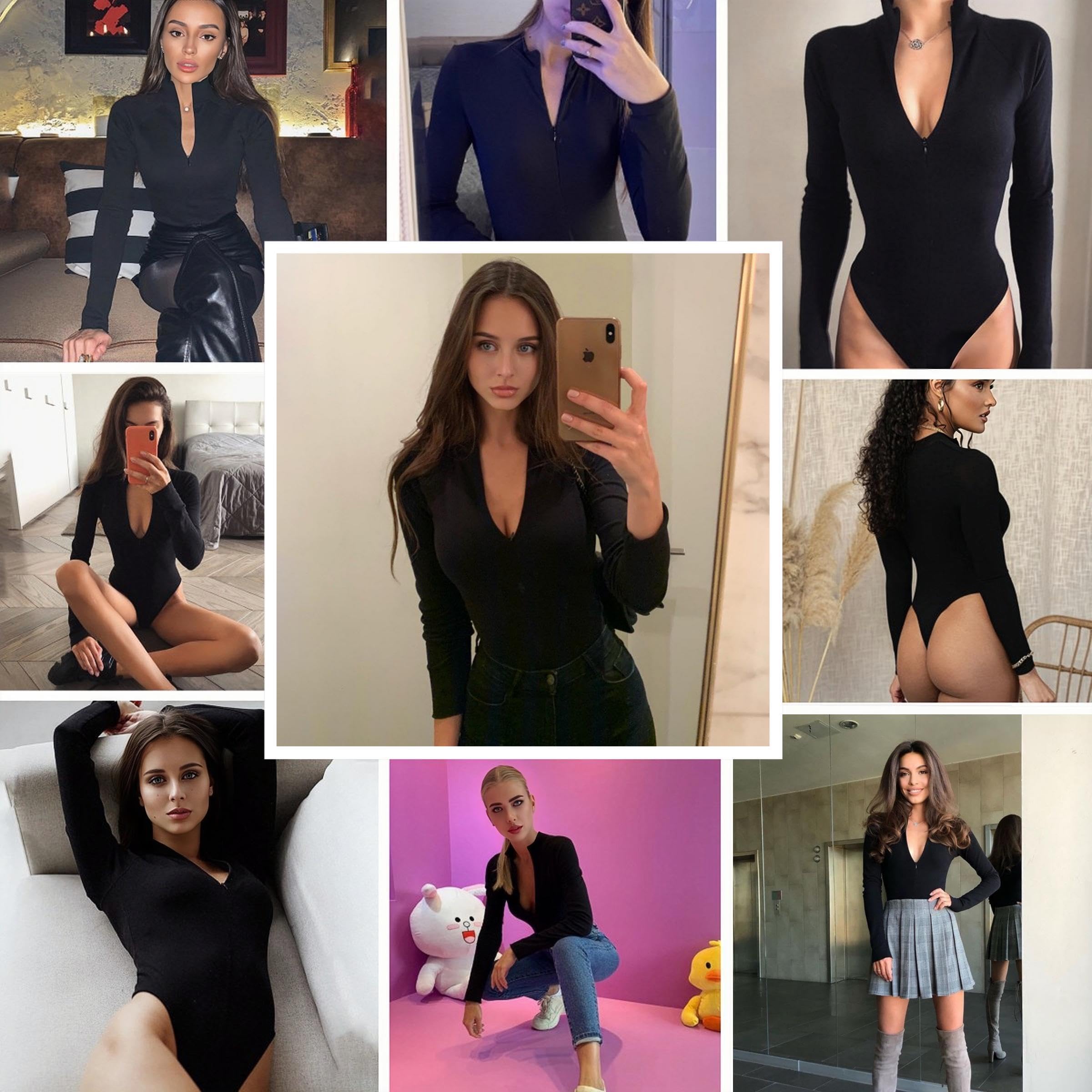 Body damskie z długim rękawem, seksowny golf, dekolt w serek, body slim fit, kombinezon z zamkiem błyskawicznym z przodu, rozciągany, trykot, szykowny garnitur, codzienny ubiór