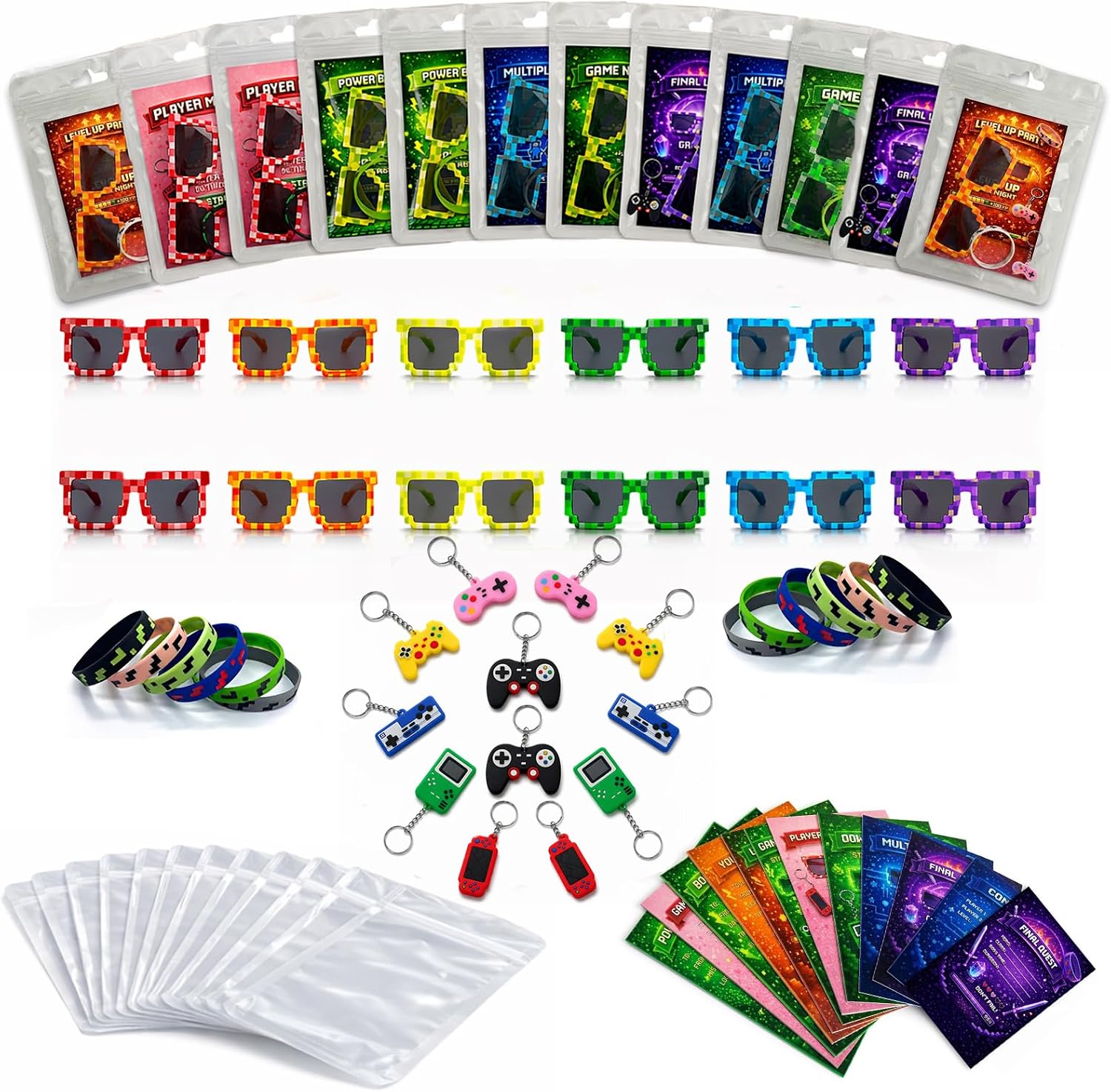 Video Game Party Favors Bulk 12 Sets, Gamer Party Favors with Pixel Sunglasses, Wristbands, Keychains, Game Invitation Cards & Gift Bags, DIY Gaming Party Favors for Birthday, Game Night