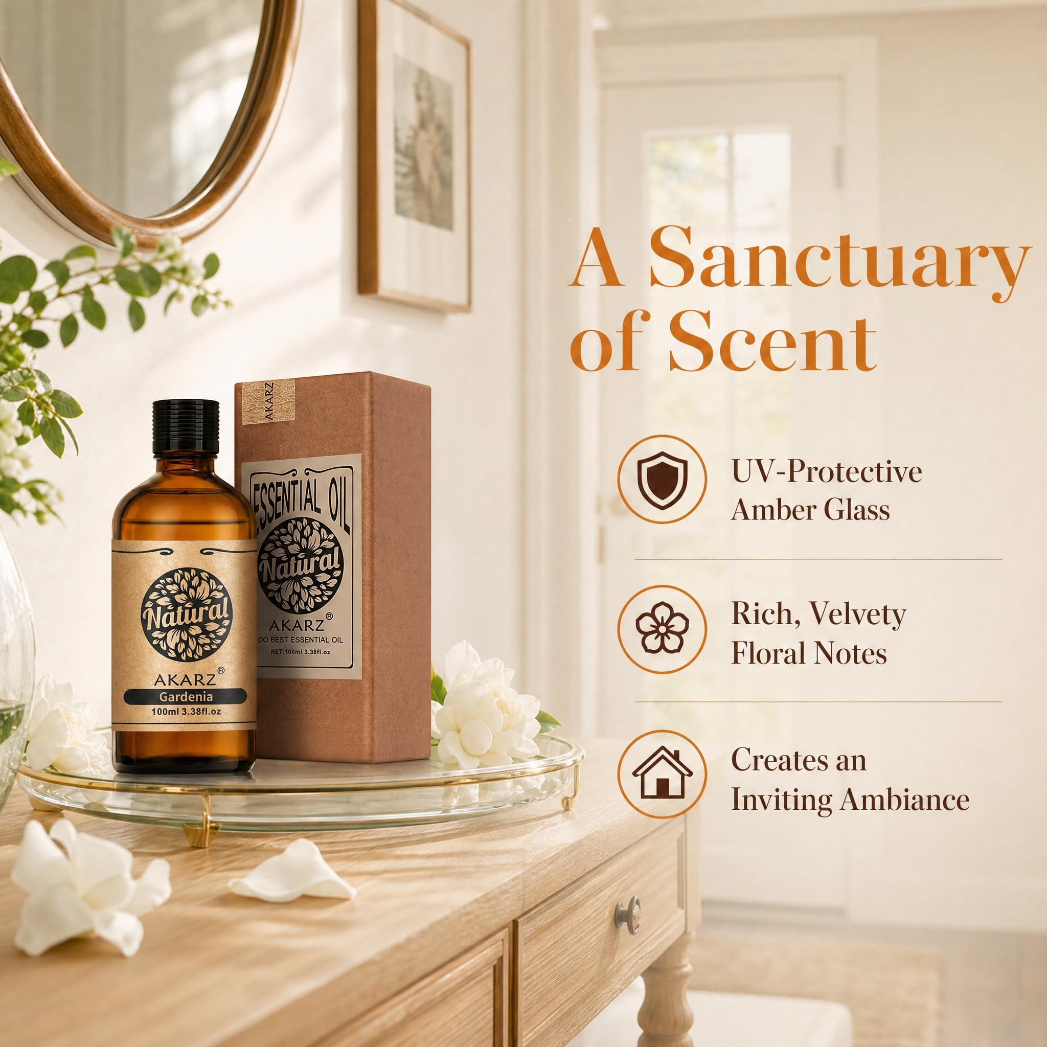 AKARZ 100ml Olejek esencjny z Gardenii - Naturalny olejek aromatyczny do dyfuzorów, lamp aromatycznych i aromatów pomieszczeń