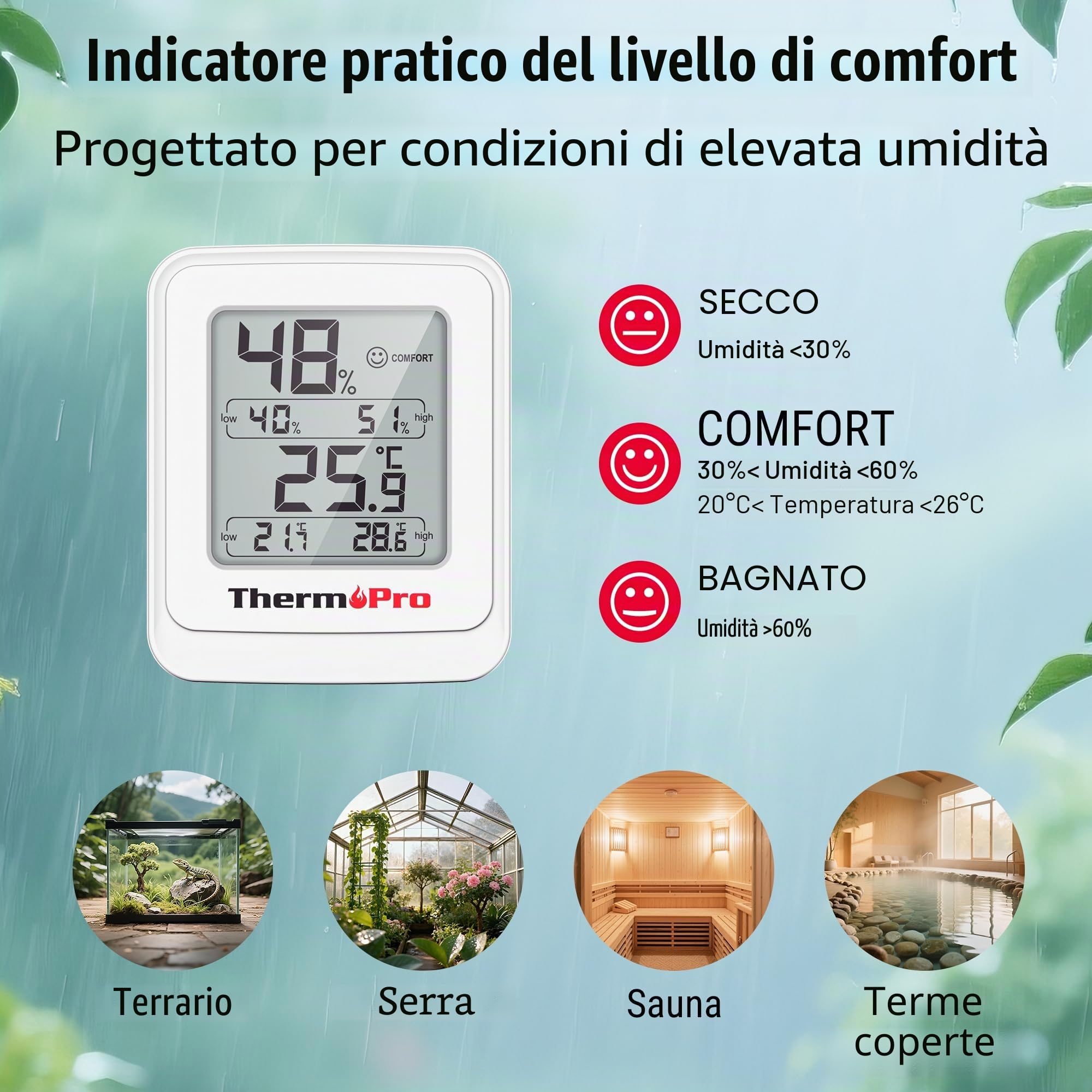 ThermoPro Igrometro Termometro Digitale Misuratore di Umidità per Interni per Terrari e Serre Termometro da Stanza con Registrazione Min/Max, Indicatore di Comfort Smiley, Magnete e Supporto