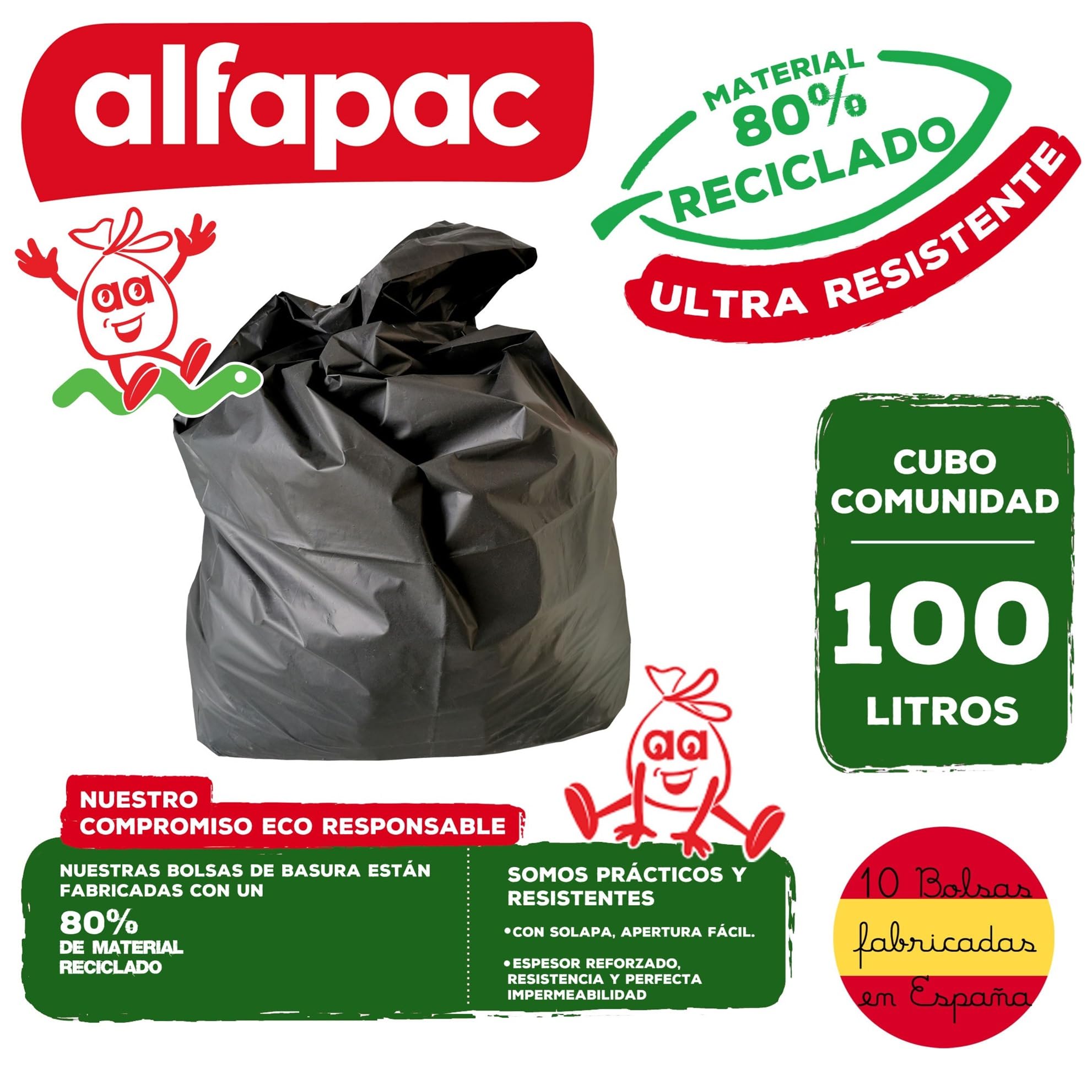 80% riciclato, 10 rotoli da 10 sacchi della spazzatura (100 sacchetti) 'Pattumiera comunità', ultra resistente, triplo strato, antigoccia, 100 litri