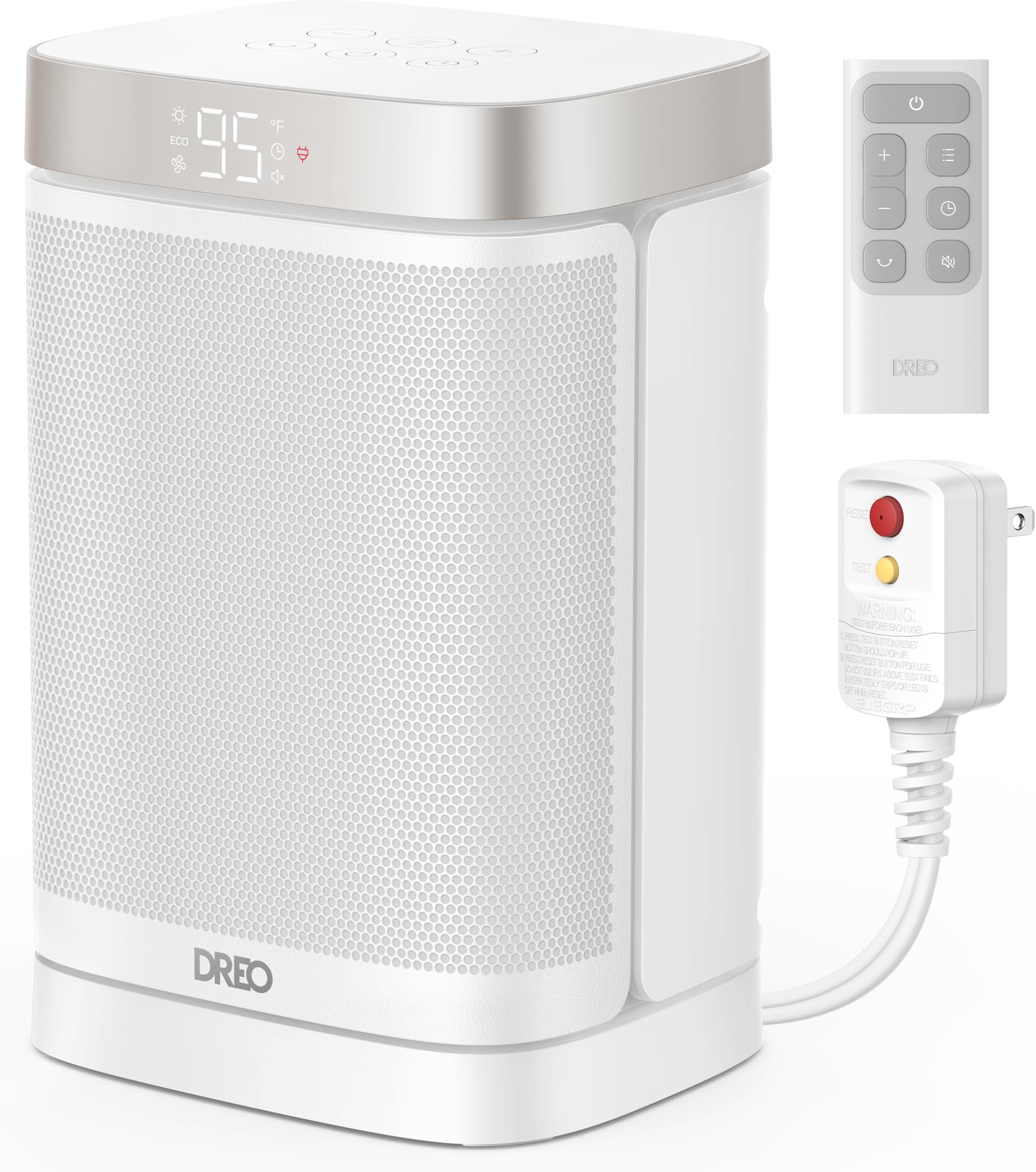 DREO Space Heater for Bathroom and Indoor, Portable Heater, 1500W Safe and Quiet PTC Ceramic Heater, 41-95ยฐF Digital Thermostat, 70ยฐOscillating, Remote, ALCI Safety Plug, 12h Timer, 5 Modes, White