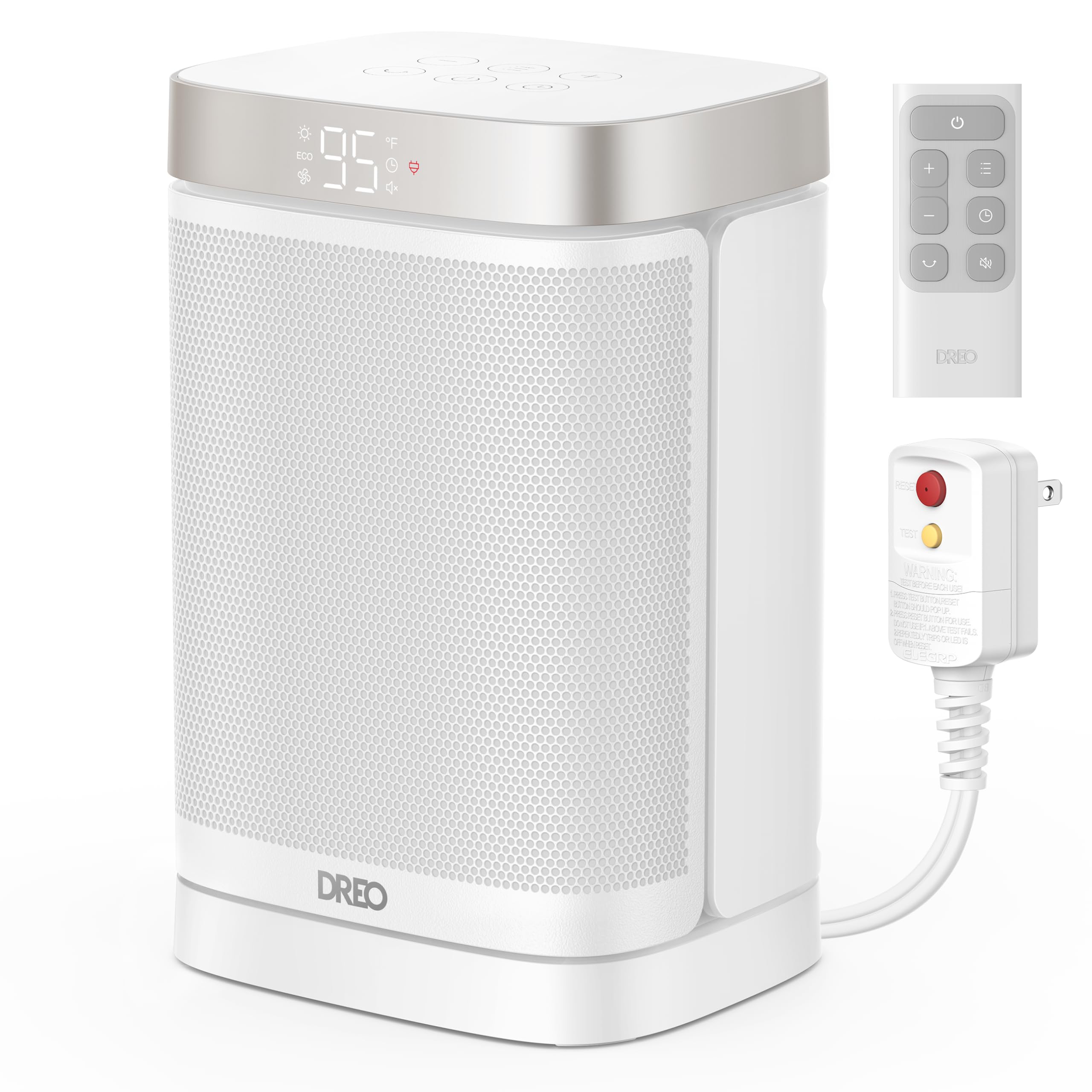 Dreo Space Heater for Bathroom and Indoor, Portable Heater, 1500W Safe and Quiet PTC Ceramic Heater, 41-95°F Digital Thermostat, 70°Oscillating, Remote, ALCI Safety Plug, 12h Timer, 5 Modes, White