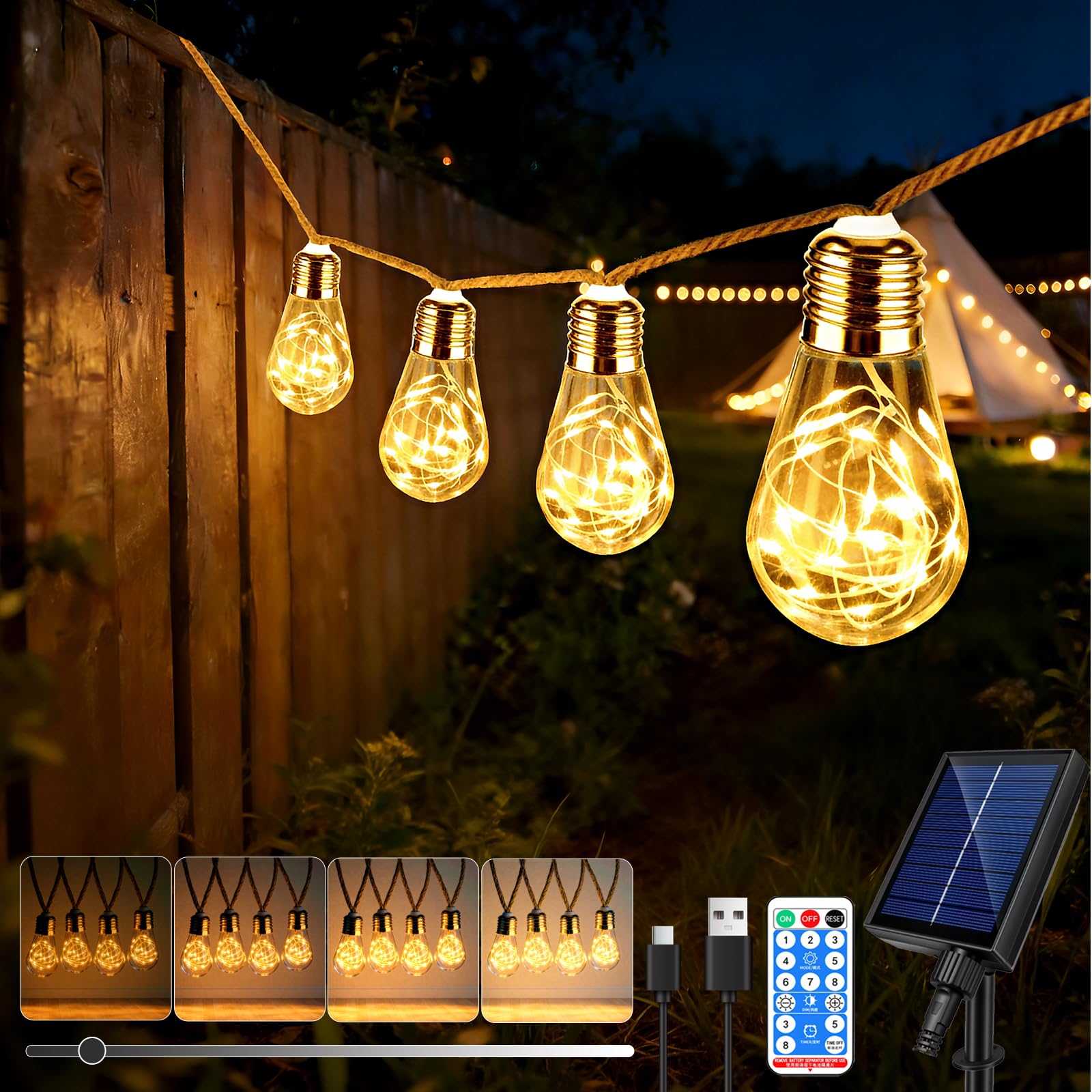 8M Solar Lichterkette Hanfseil Aussen mit Fernbedienung, mit 16 LED S17 Glühbirnen, 8 Beleuchtungsmodi/Timer/Wetterfest/Dimmbar, Solarlichterketten für Gärten Party Hochzeit Hof Balkon Deko(Warmweiß)